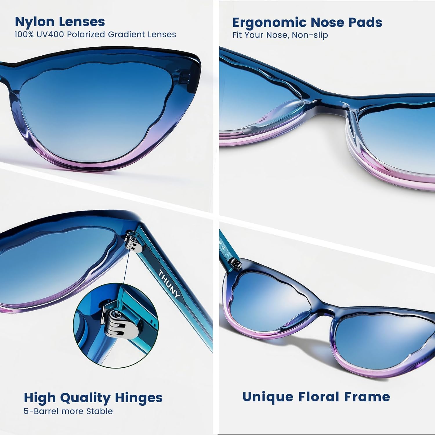 THUNY Retro Cat Eye Sunglasses UV400 Protection for Women，Trendy Gradient Petals Frame Polarized Cateye Sunglasses Women
