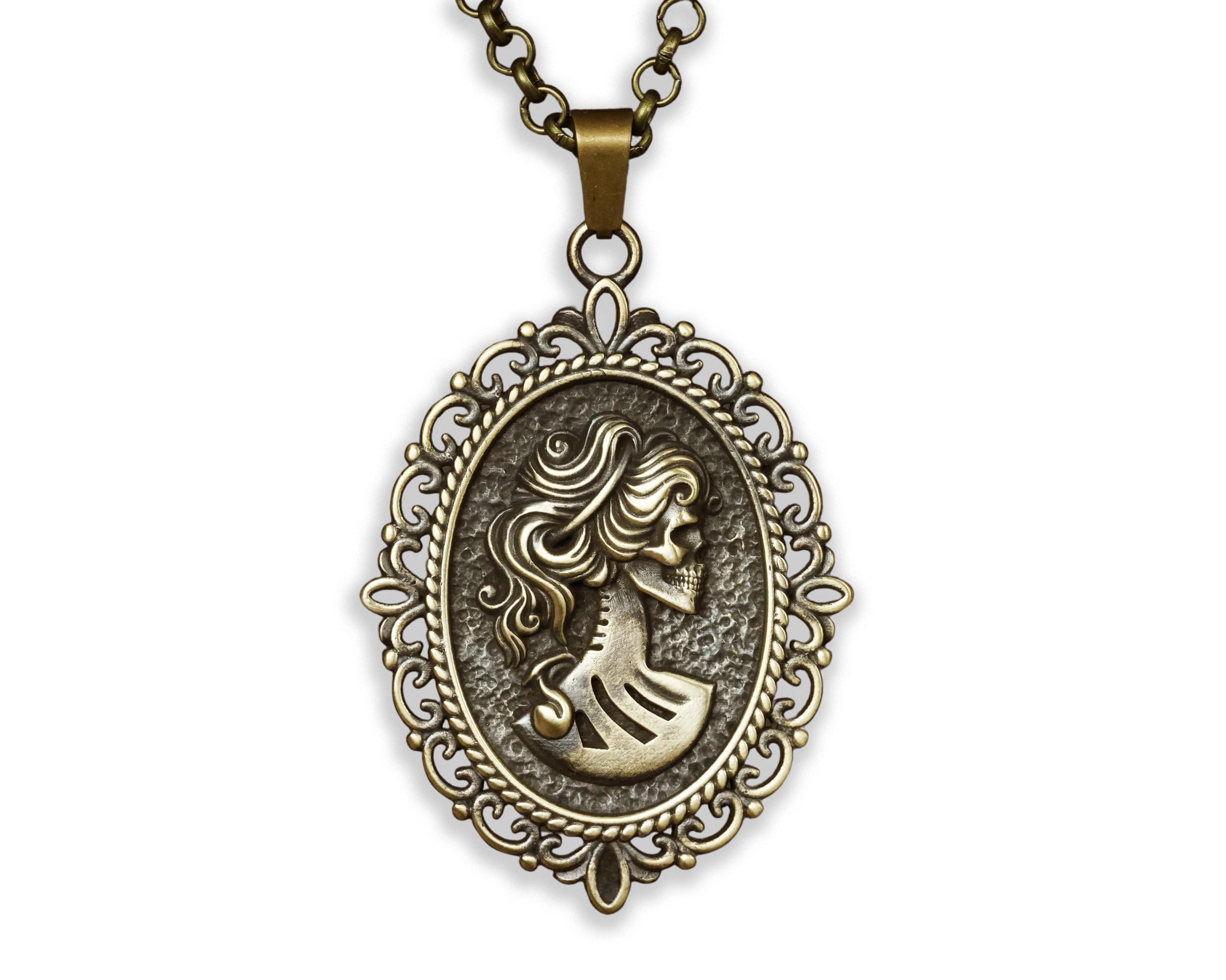 Baldur Jewelry Gothic-Halskette mit Skelettdame aus Messing | In Europa handgefertigte viktorianische Skelettdame mit 56 cm langer bronzefarbener Stahlkette.
