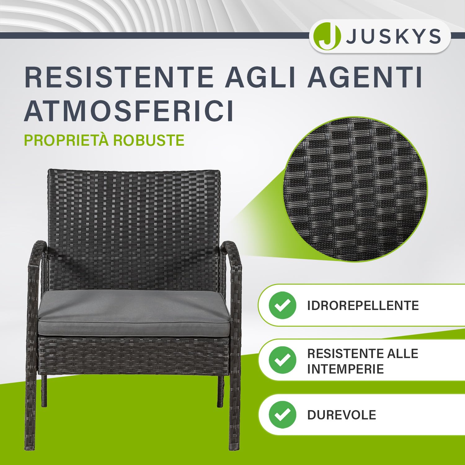 Juskys Set di mobili da giardino in polyrattan Trinidad con tavolo, divano e 2 sedie - 4 persone - Cuscini grigi - Mobili da balcone Salottino Set da balcone Giardino Balcone