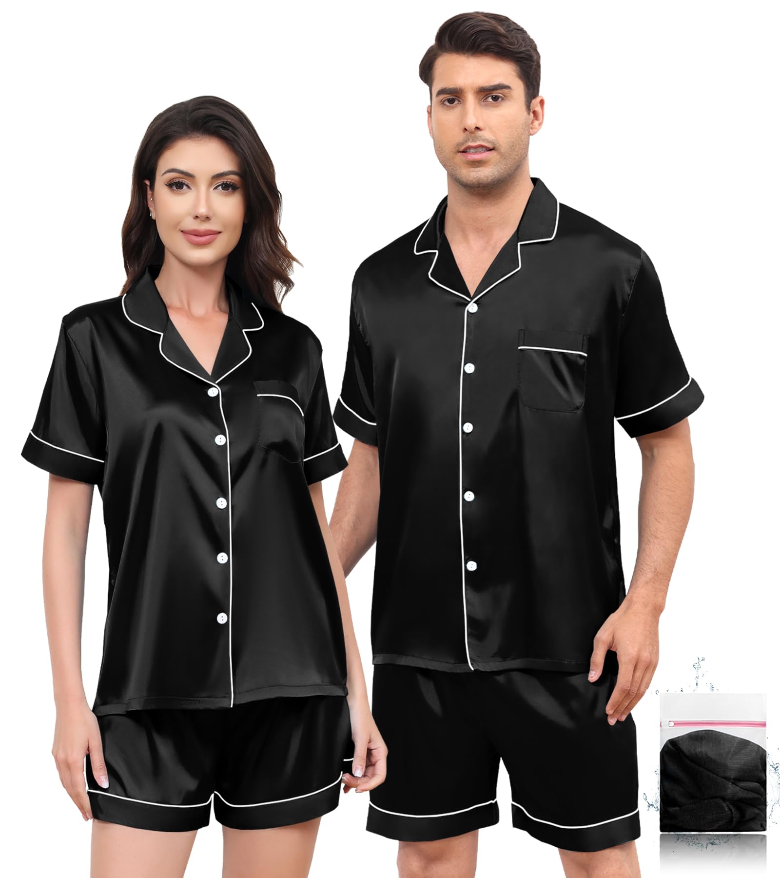 Silk Matching Pajamas Set for Couples Women Men Stain Short Sleeve Sleepwear Button Down 2 Pcs Pjs Sets S-3XL