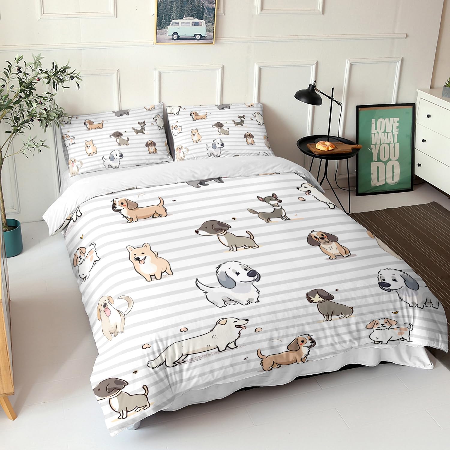 AILONEN Kawaii Puppy Duvet Cover Full Size, Cute Dog Animal Bedding Set for Kids Girls Boys,Cartoon Puppy Pug Comforter Cover,1 Quilt Cover 2 Pillowcases,3 PCS