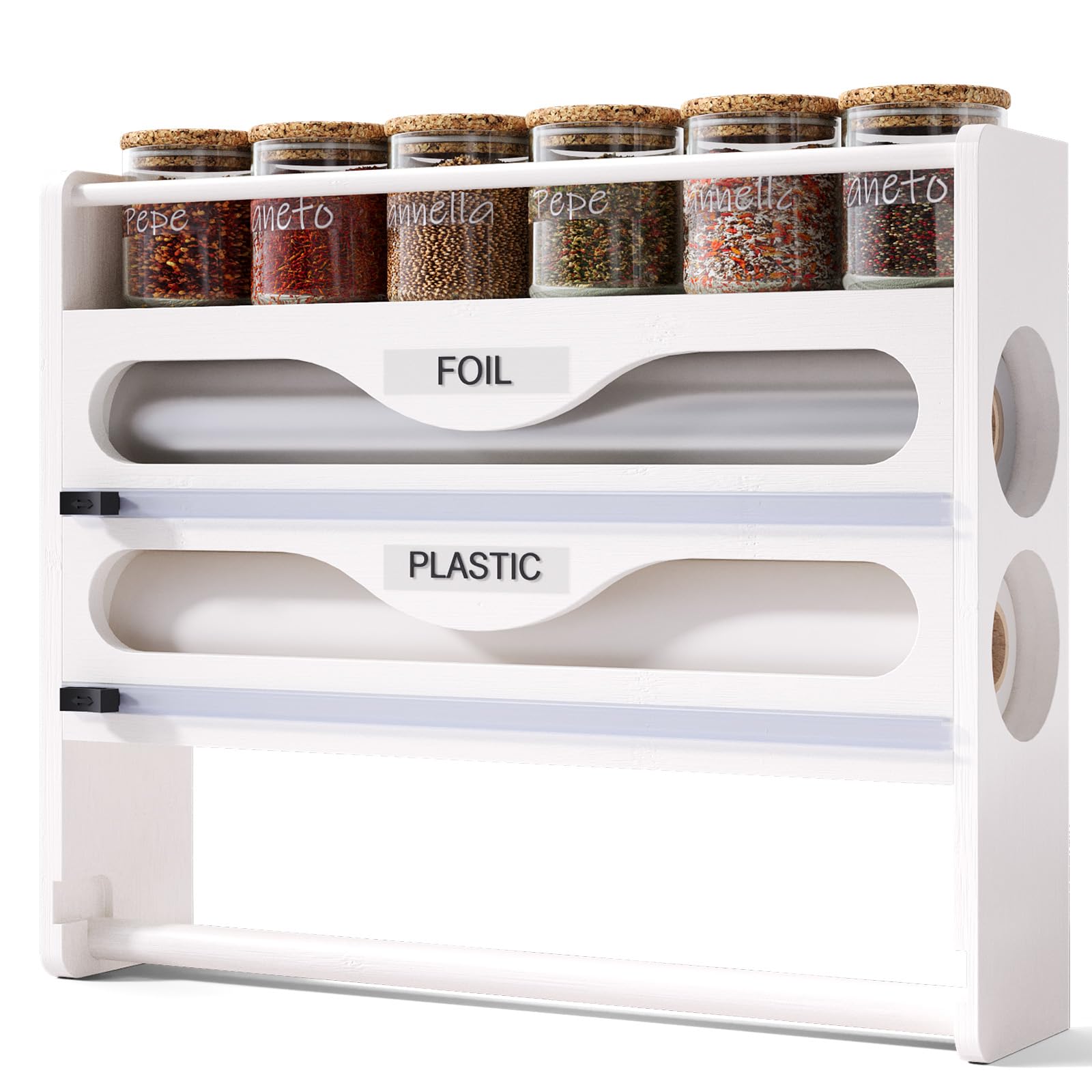 Wrap Dispenser with Cutter and Labels,4-in-1 Wall Mounted Bamboo Plastic Wrap Organizer with Spice shelf and Paper Towel Holder for Aluminum Foil,Cling Wrap,Wax,Parchment,Zipper Bags（White）