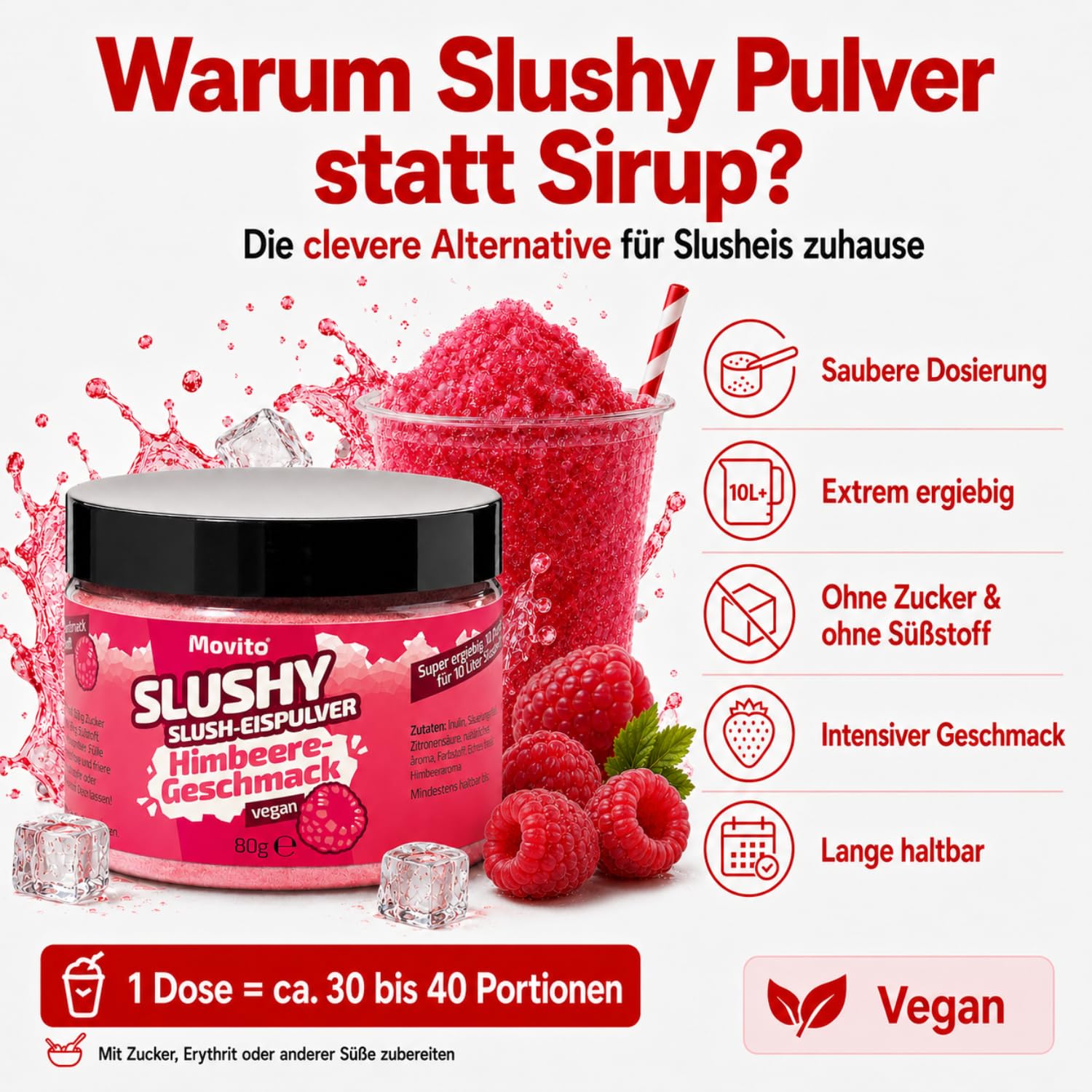 Slush Eis Sirup Beeren Set für 20 Liter Slush | Himbeer & Erdbeere | Pulver Konzentrat für Slush Maschine & Slushy Maker | AZO Frei | Ohne Zucker & Süßstoff