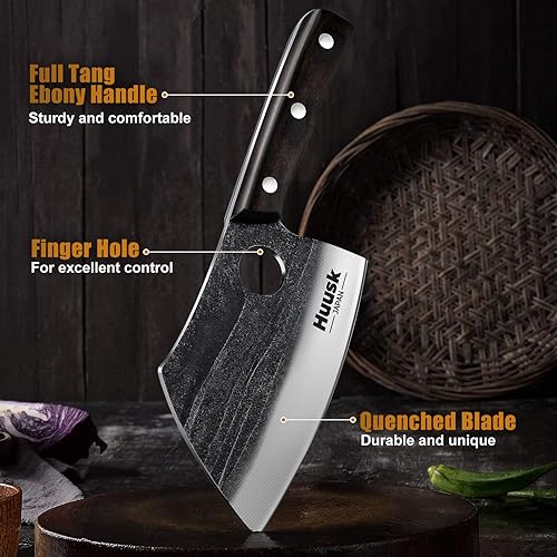 Miniatura 4 de Huusk Cuchillo de chef serbio con mango de espiga completa con cuchillos de cocina portátiles para barbacoa pesca y camping