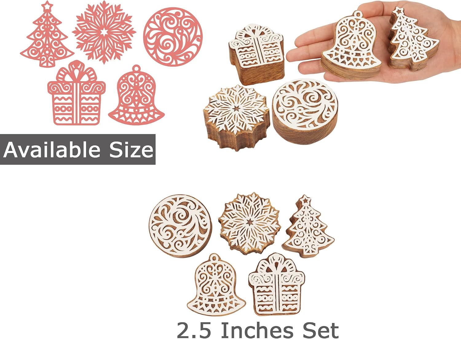 IBA Indianbeautifulart Textile Printing Block Christmas Theme Ornaments Hand Carved Wooden Stamp Wood Block Printing Textile Stamps for Fabric/Pottery Blocks-2.5 Inches