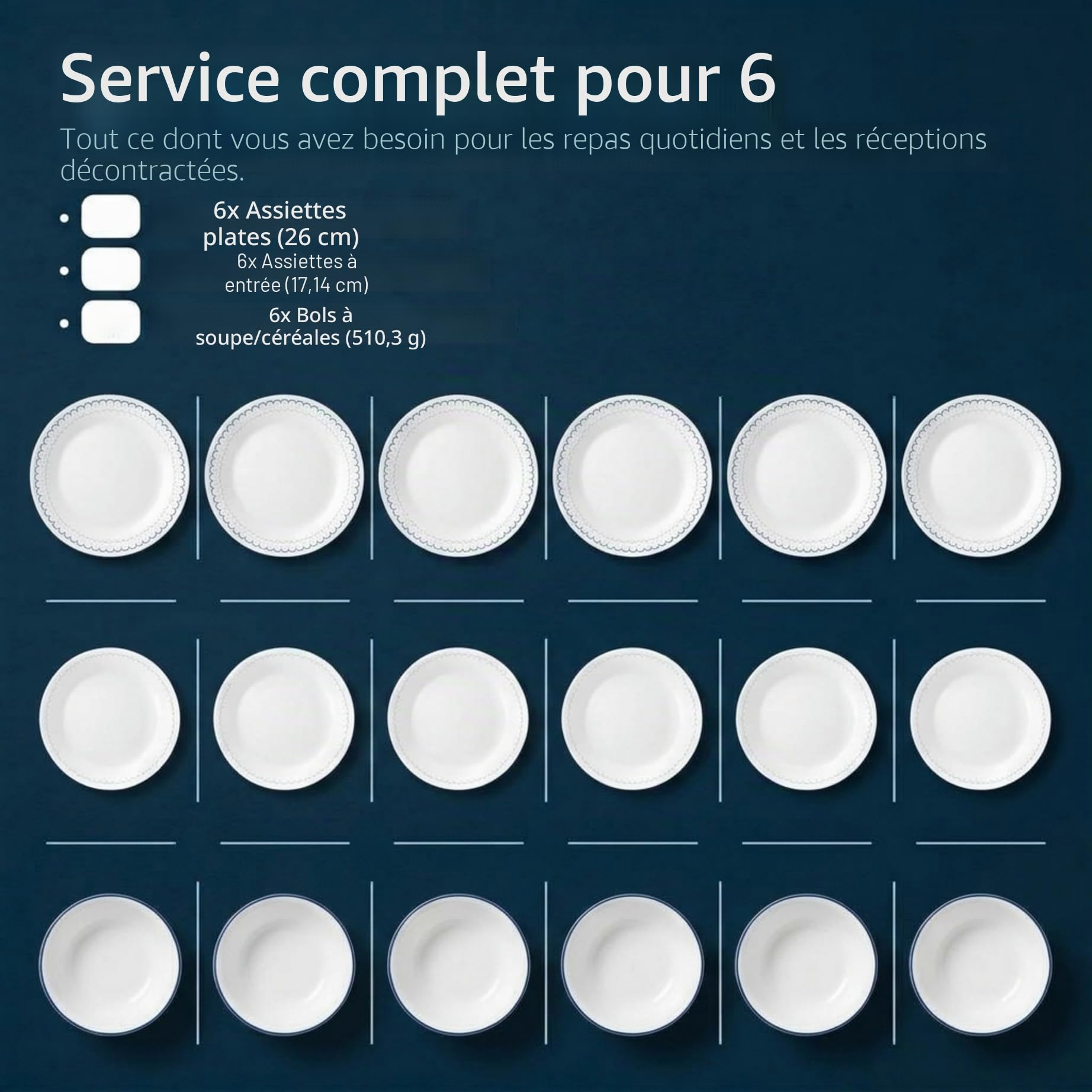 Corelle Service de table 18 pièces pour 6 personnes - Assiettes rondes et bols légers en verre Vitrelle triple couche - Résistant aux éclats - Passe au micro-ondes et au lave-vaisselle - Caspienne -