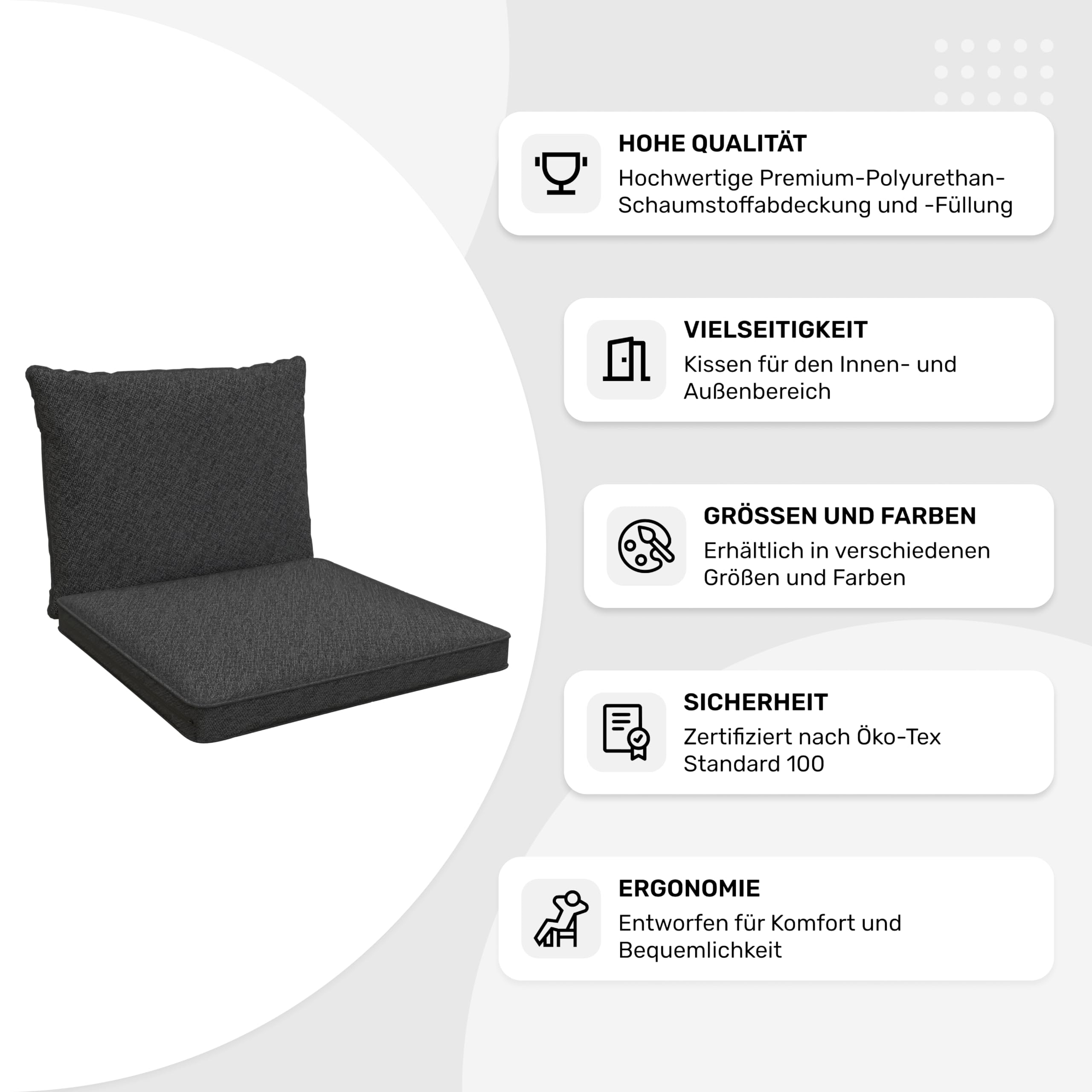 POKAR Set 2 Cuscini per Sedia da Esterno: 1x Cuscino Seduta 70x70x5 cm + 1x Cuscino Schienale 70x40x15 cm | Cuscini per Sedie in Rattan e Arredamento da Giardino | Oeko-Tex | Made in EU | Antracite