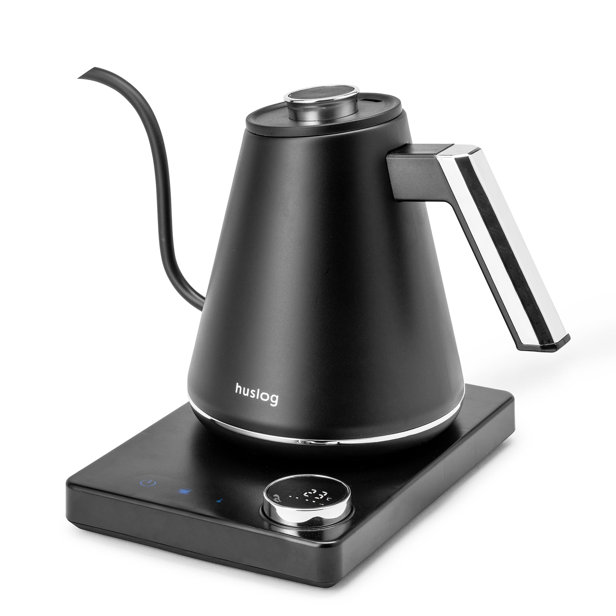 Bollitore elettrico 1L con regolazione della temperatura 40-100°C, collo di cigno, display LED, funzione di mantenimento al caldo, 1100 W, acciaio inossidabile 304, nero argento, base con
