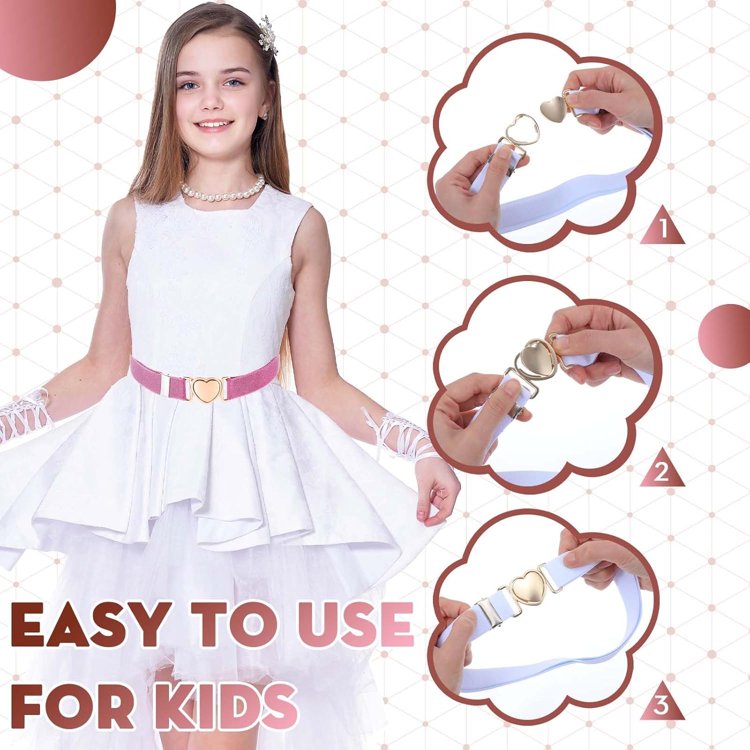 2Pcs Girls Belt, Elastic Adjustable Stretch Pink and White Waist Belts with Heart Buckle for Kids Teen Girls Women Pants Jeans Dress - Image 4