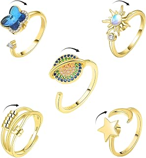 Hifot Anxiety Spinner Ring Set - Verstellbar Anti-Stress Ringe Mit Kristall, Sterne, Mond, Sonne, Schmetterling - Damen Gold Offen für Mädchen, Herren, Geburtstags-Party-Geschenke