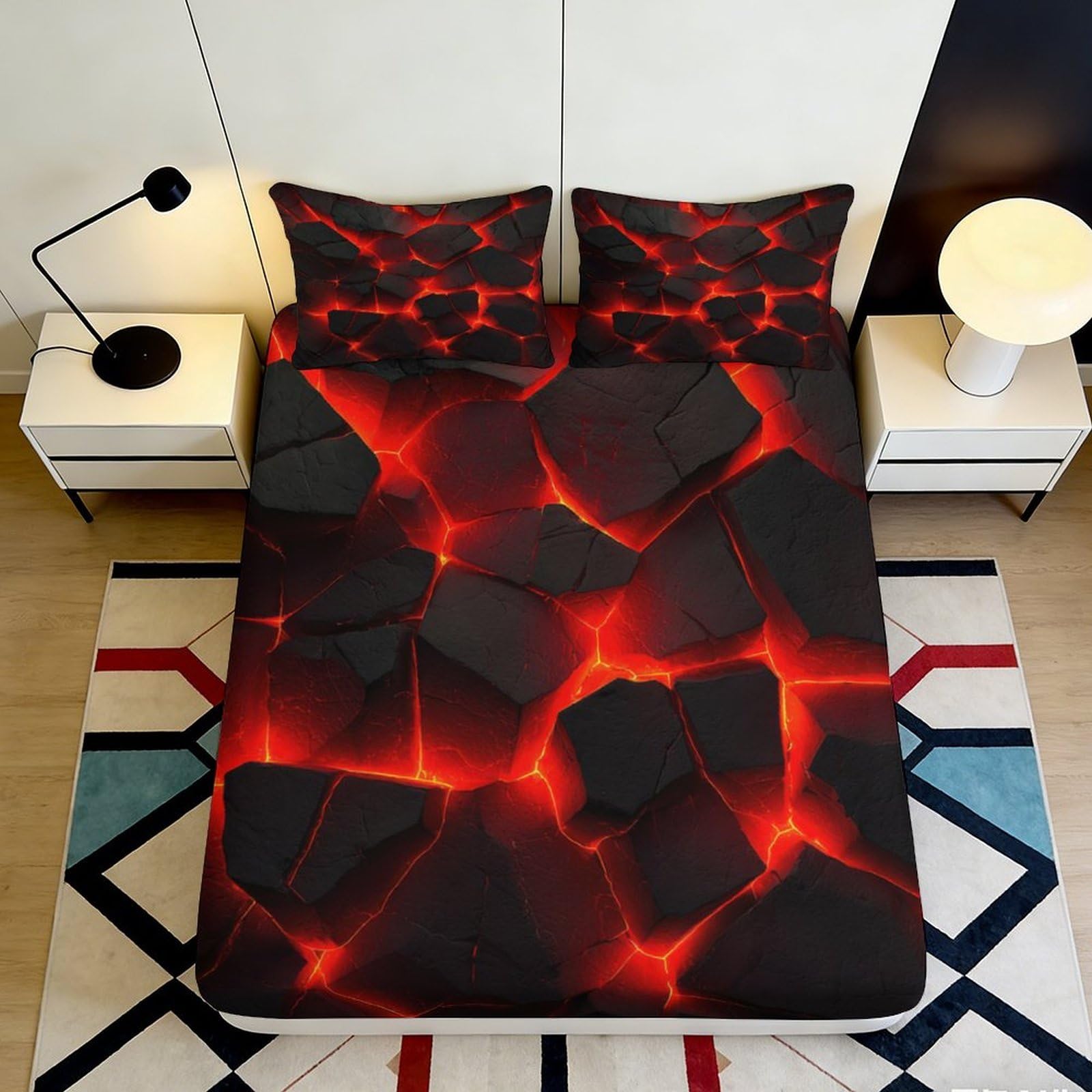3D Printed Lava Cracked Stone Fitted Sheet Microfiber Soft Mattress Cover for Bedroom Dorm Decor Protection 120x200x25cm
