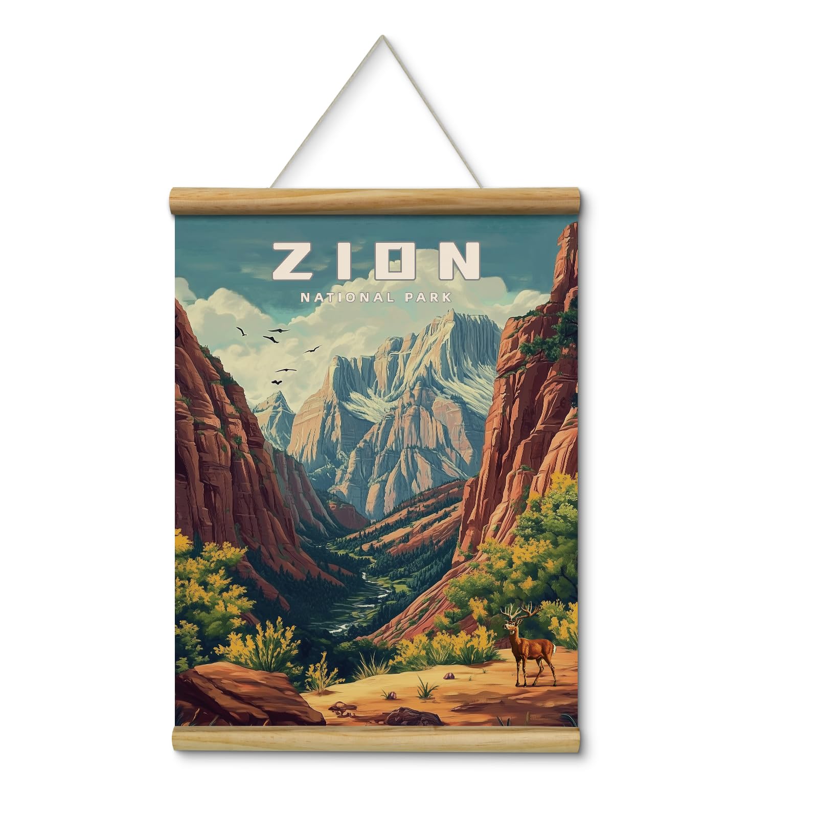 HUARCEY Zion National Park Scroll Poster, Vintage Mountain Scenic Canvas Wall Art with Wooden Bars Frame Hanging Rope, Travel Adventure Nature