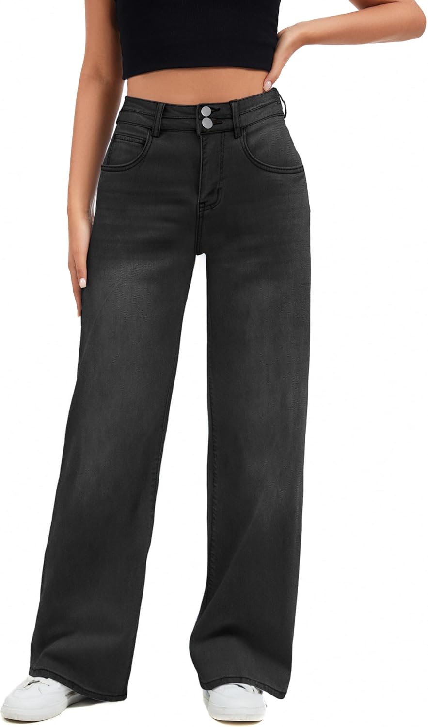 Women's Wide Leg Jeans Baggy High Waist Boyfriends Strechy Raw Hem Denim Pants - Image 4