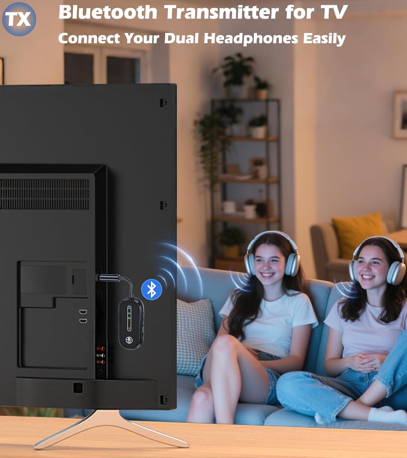 Two people watching TV with KAIY Bluetooth adapter and headphones