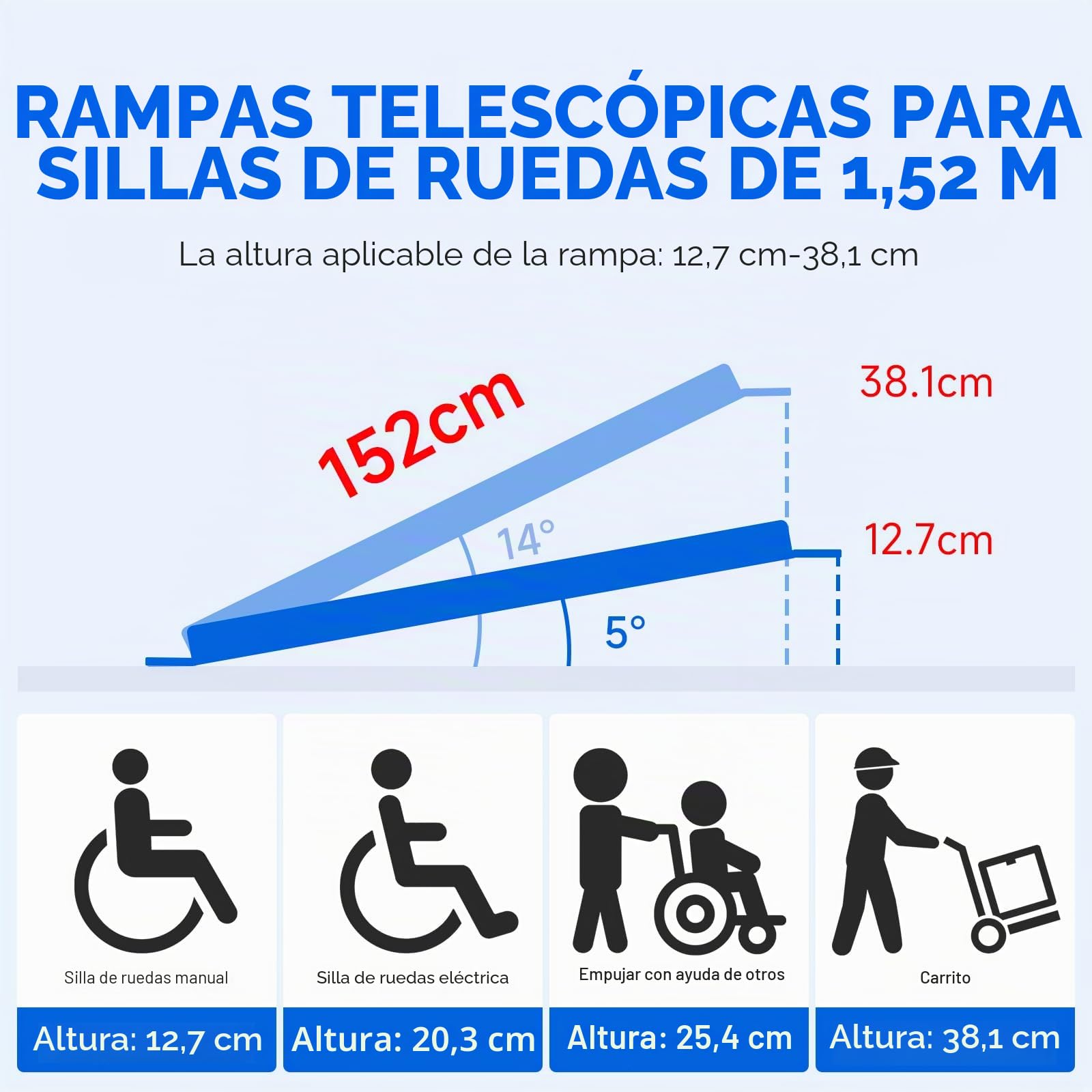 2 PCS Rampa para Silla de Ruedas, Rampa de Acceso de 90-152 cm, Capacidad de Carga de 272 kg, Rampas de Acceso Telescópicas de Longitud Ajustable para Sillas de Ruedas Antideslizantes