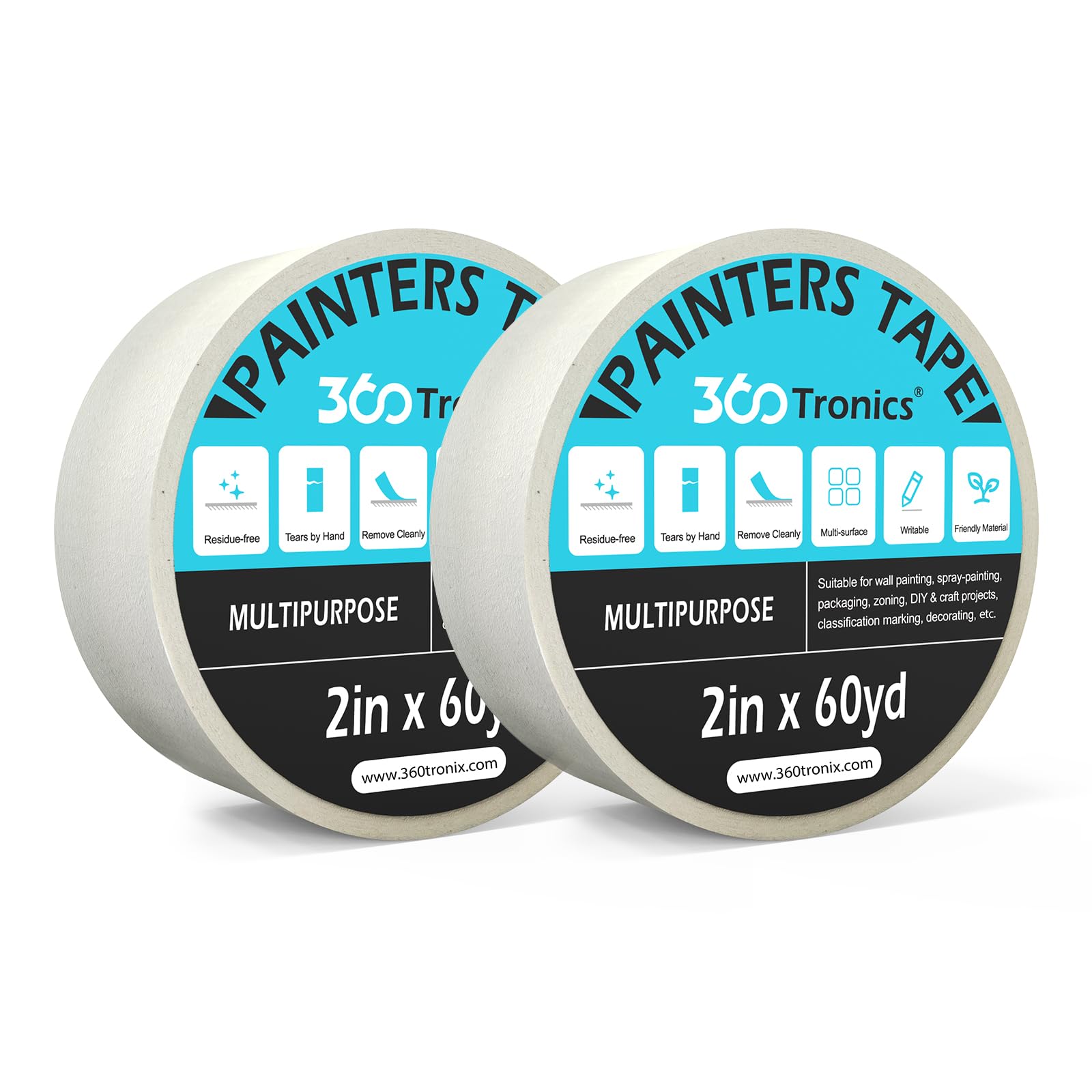 360Tronics White Painters Tape 2 Inch, 2" x 60yds Painter's Tape White Multi-Surface Tape for Wall Painting, Labeling, DIY Crafts Arts, Protects