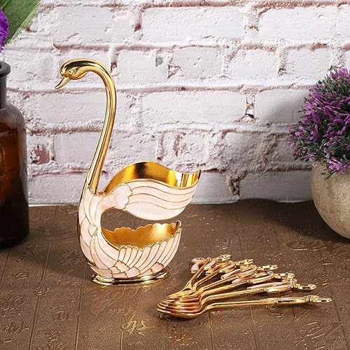 Miniatura 4 de Juego de cucharas de postre de café, elegante estante de almacenamiento de cucharas con forma de cisne, cucharas de postre de metal sólido con