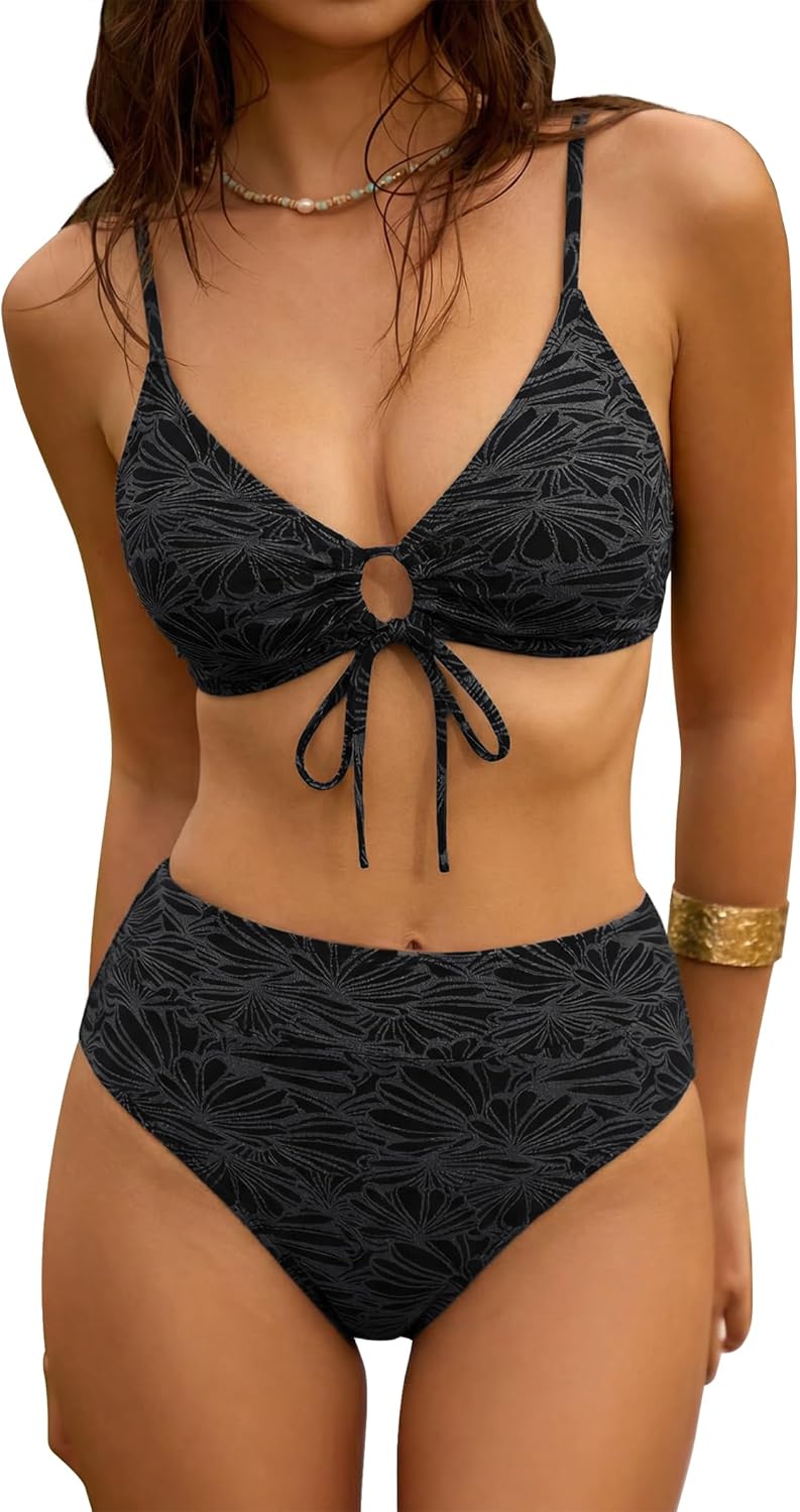 ZAFUL Bikini Sets for Women String 2 Piece Swimsuits High Waisted Bathing Suit V Neck Cut Out Swimwear