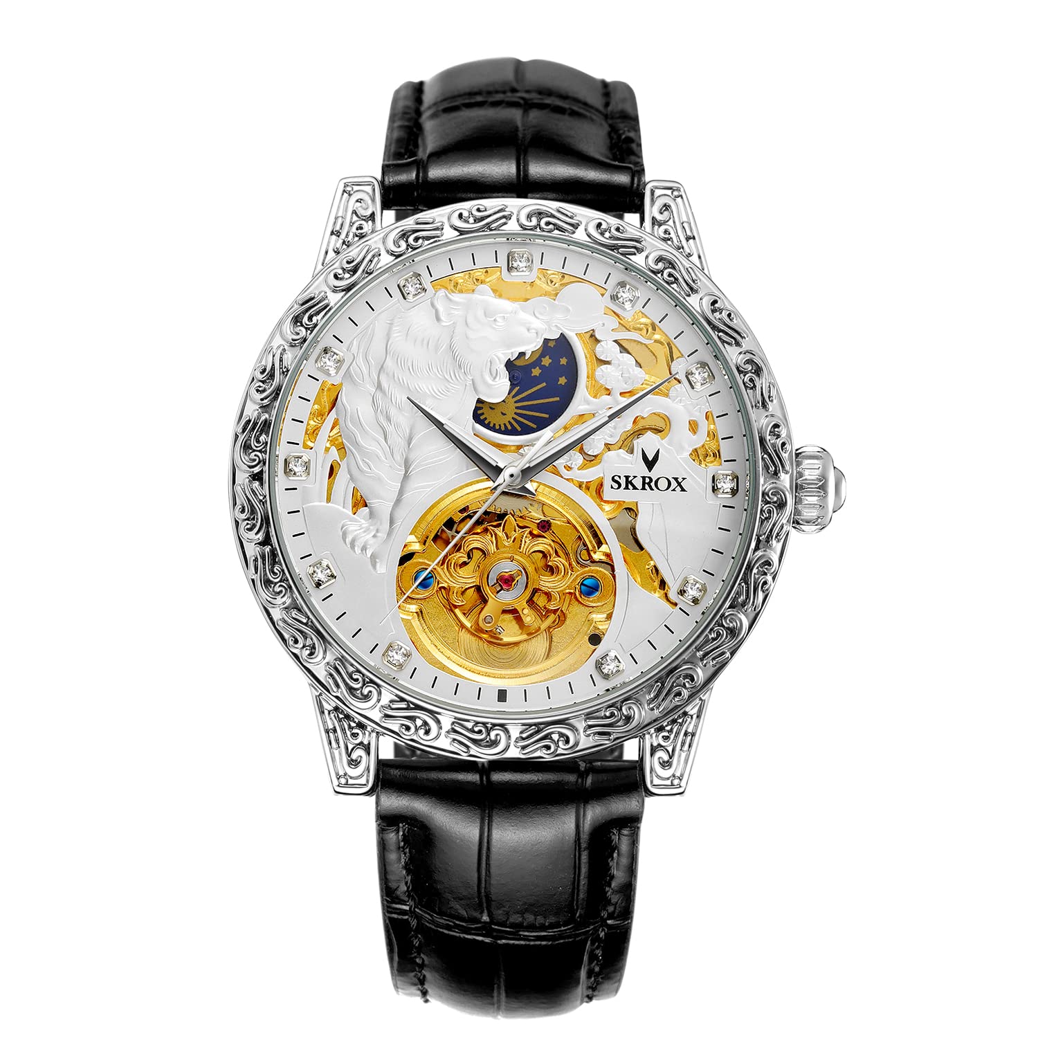 FORSINING Mens Tourbillon Watch Luxury Skeleton Carved Moon Phase Automatic Self-Winding Watches with Genuine Leather Strap, White, Self-winding (B0BTVS4HB2) Amazon Price History, Amazon Price Tracker