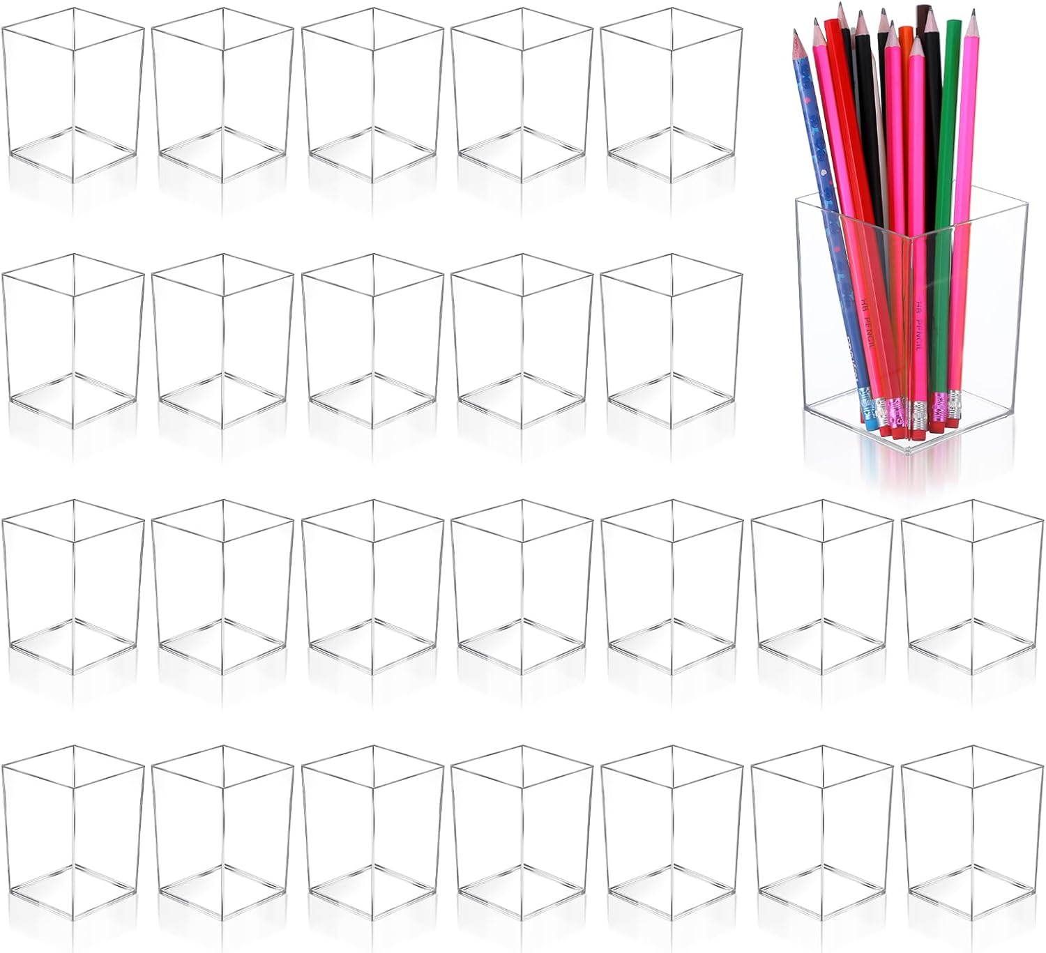 Kifmurase 24 Packs Acrylic Pen Holder, Clear Makeup Brush Holder, Rectangle Pencil Cup Desktop Organizer for Office School Home, Aesthetic Desk Penholder Storage Container Accessories, 2.6x2.6x3.9 In