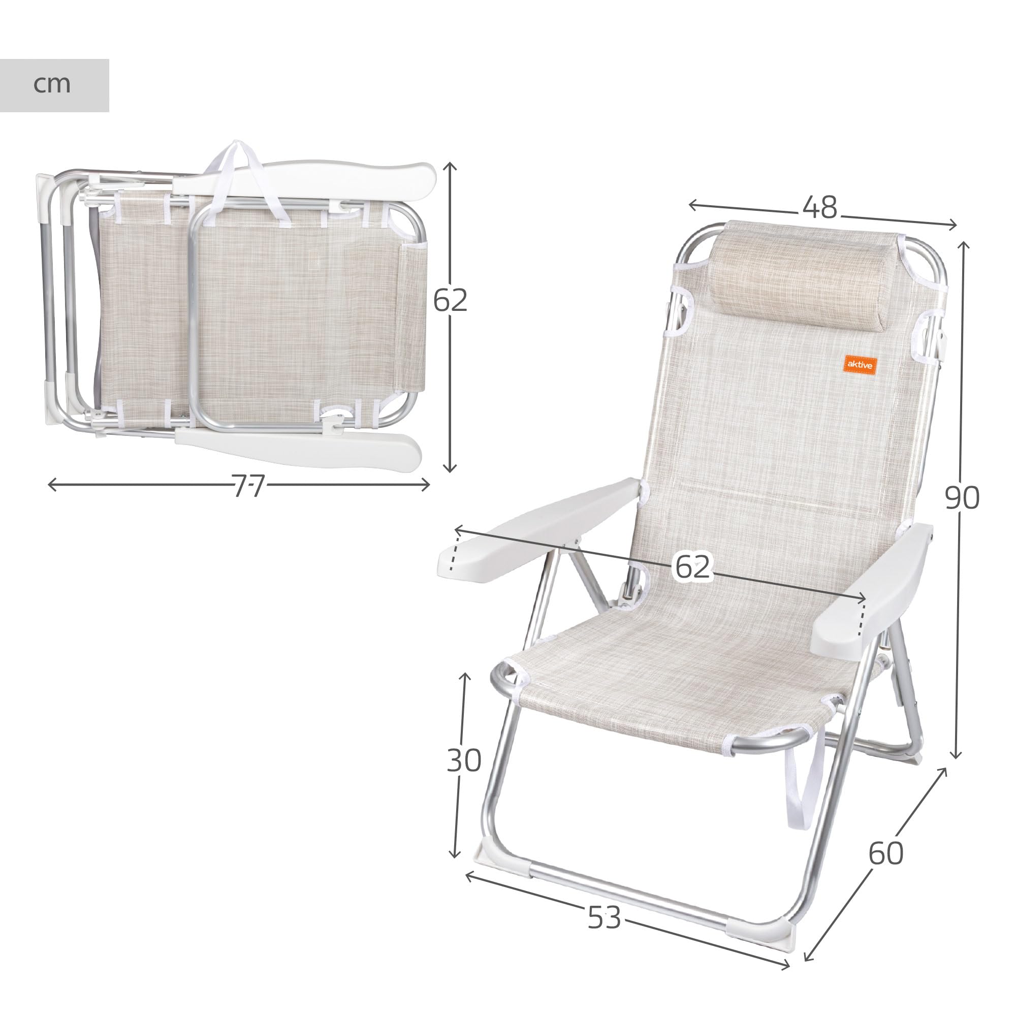 AKTIVE 62641 - Silla de Playa Plegable Antivuelco Crema, Reclinable 5 Posiciones, Resistente y Ligera con asa de Transporte y cojín, Peso máx. soportado 110Kg., Medidas 48x60x90cm, Sillas de Playa