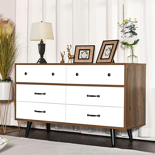 Miniatura 3 de Cómoda blanca de 6 cajones para dormitorio cómoda moderna con cajones anchos y asas de metal cómoda de madera para dormitorio de niños sala de estar