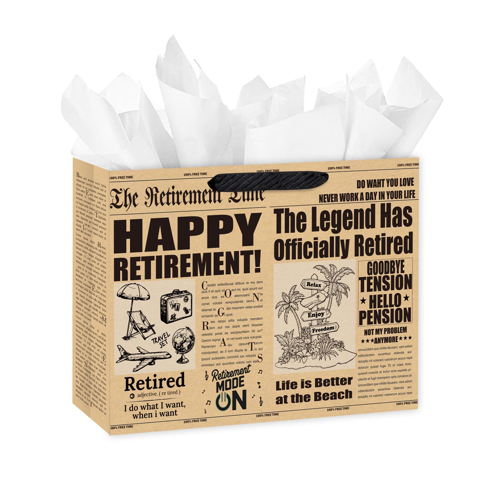 Loveinside 13 Inch Retirement Themed Gift Bag Retro Newspaper Print with Retirement Wishes Kraft Bag Comes with Tissue Paper Great for Colleague Farewell and Gifting 13" x 5" x 10", 1 Piece