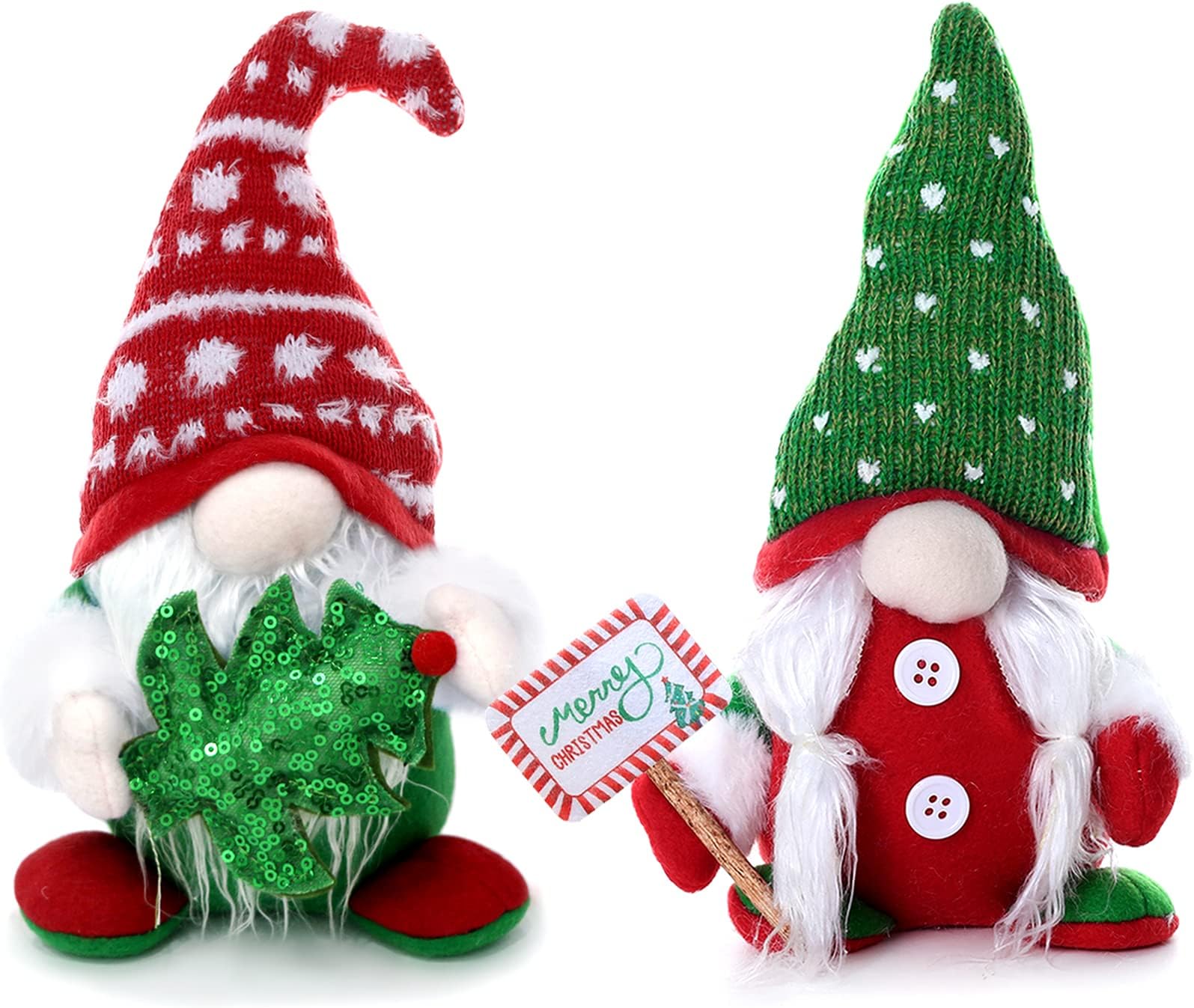 2 Pack Christmas Gnomes Plush Decorations Mr and Mrs Xmas Gnomes, Handmade Tomte Swedish Scandinavian Gnome with Xmas Tree and Merry Christmas Sign Home Tray Table Decor, Red Green