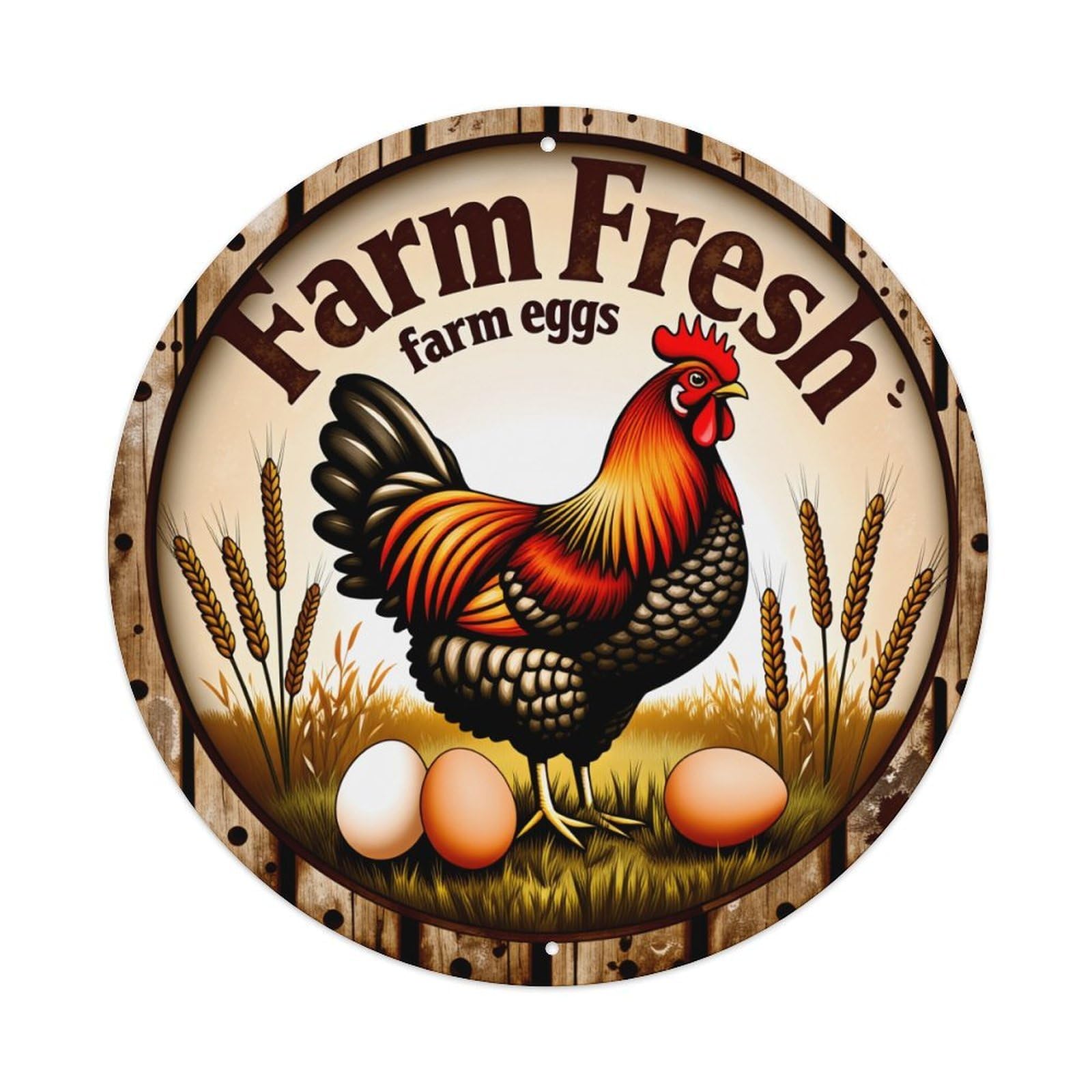 Farm Fresh Rooster Eggs Wheat Field Pattern Round Vintage Tin Sign,Retro Wall Art,Metal Poster for Home, Bar, Garage, Cafe, Rustic Indoor & Outdoor Decor, 8x8 Inches