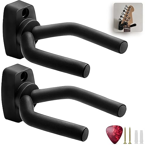 KEPLIN Guitar Wall Hooks – Display Mount Hangers for Electric & Acoustic Guitars, Bass & Banjo - Pack of 2 Brackets with Screws, Guitar Pick, & Adjustable Soft Padded Sponge Holder Supports - Minimalist