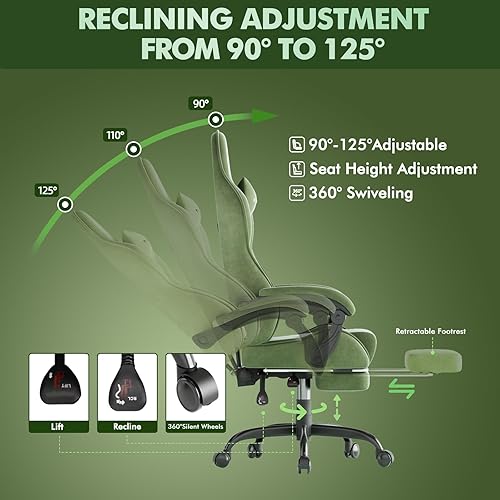 Miniatura 7 de Soontrans Silla ergonómica de tela de terciopelo para juegos con reposapiés, cómoda silla de videojuegos para adultos, sillas reclinables de