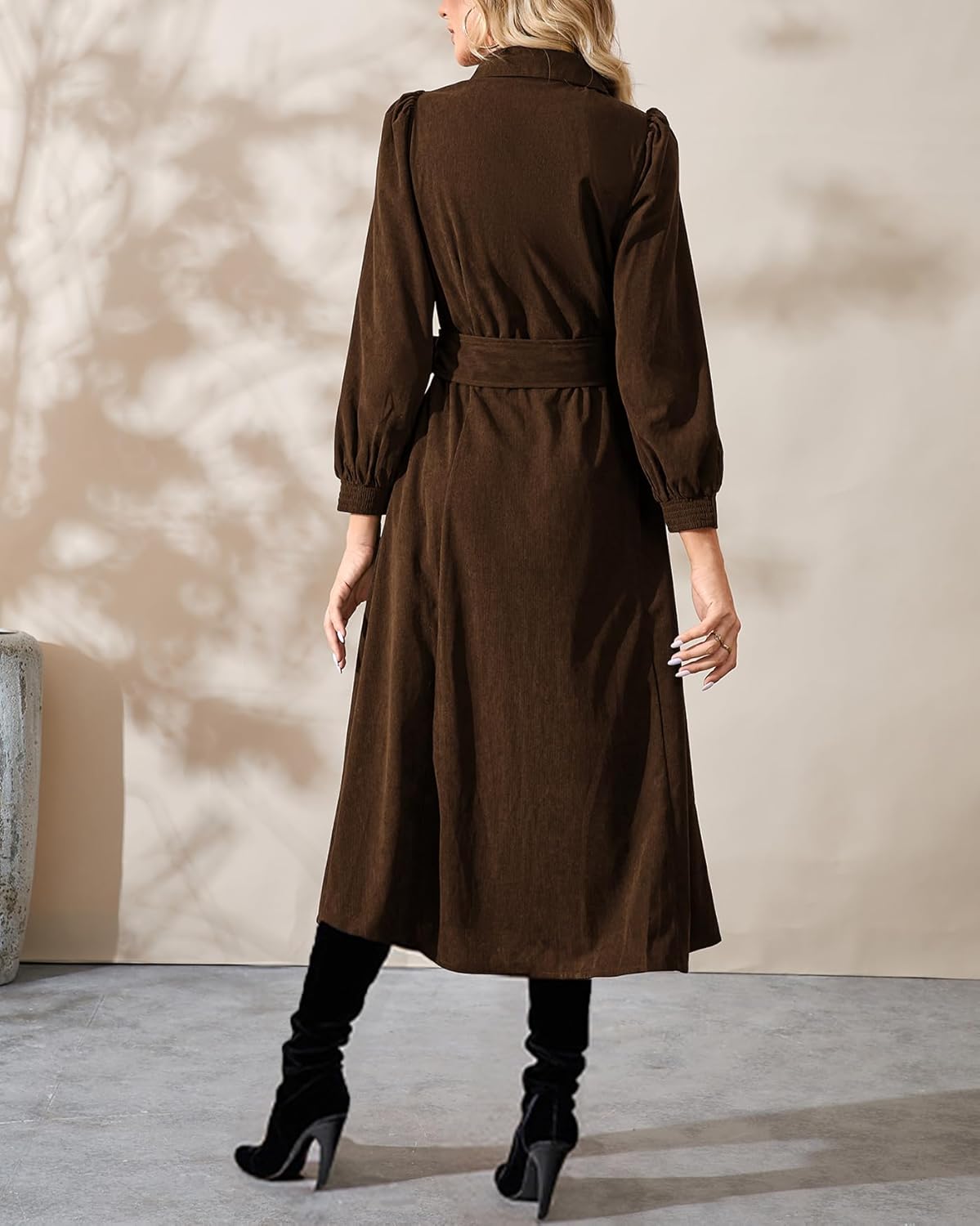 Women's Corduroy Midi Dress Long Sleeve Button Down Belted Flowy Shirt Dress with Pockets - Image 5