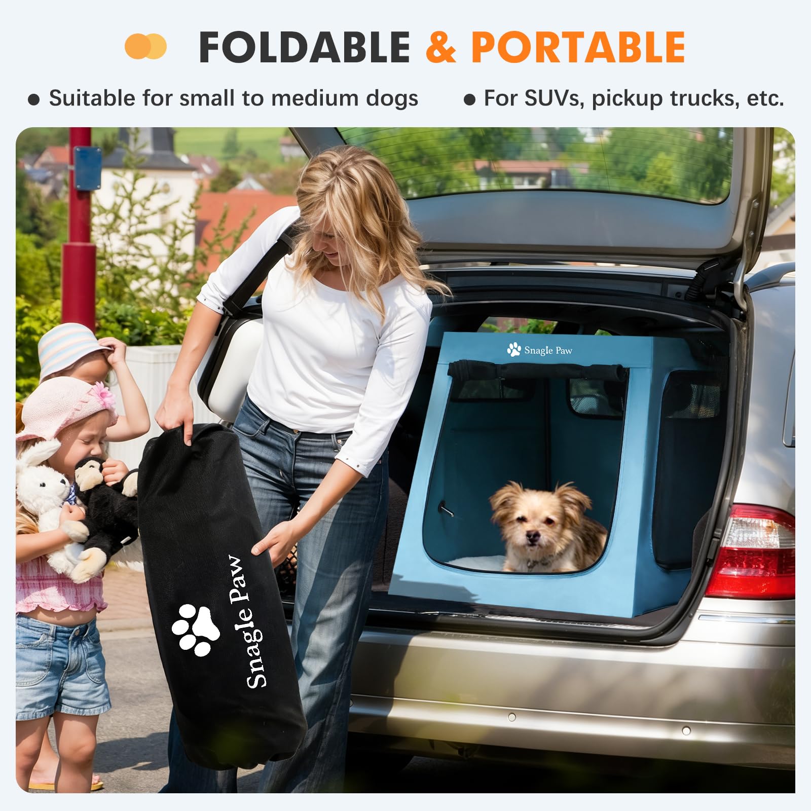 Snagle Paw Jaula portátil para perros para viajes en coche, plegable, grande, con marco de metal y ventanas de malla de 3 puertas, se asegura en el maletero/asiento trasero, transportador de perrera