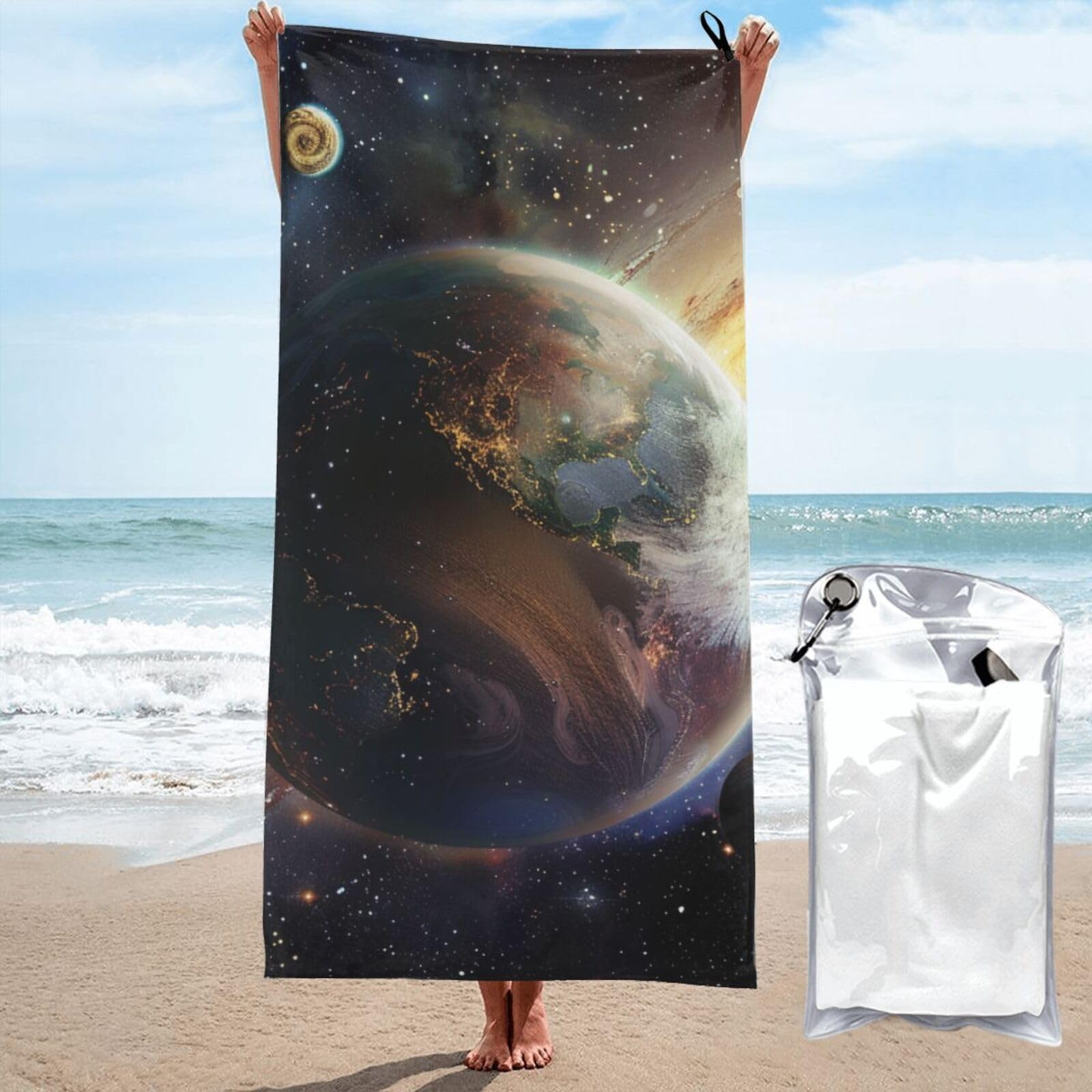 kkvhhyuo Microfiber Beach Towel, Universe Planet Printed Lightweight Quick Dry Travel Bath Sheet with Compact Carry Bag for Swimming Yoga Camping Gym,31.5"x63"
