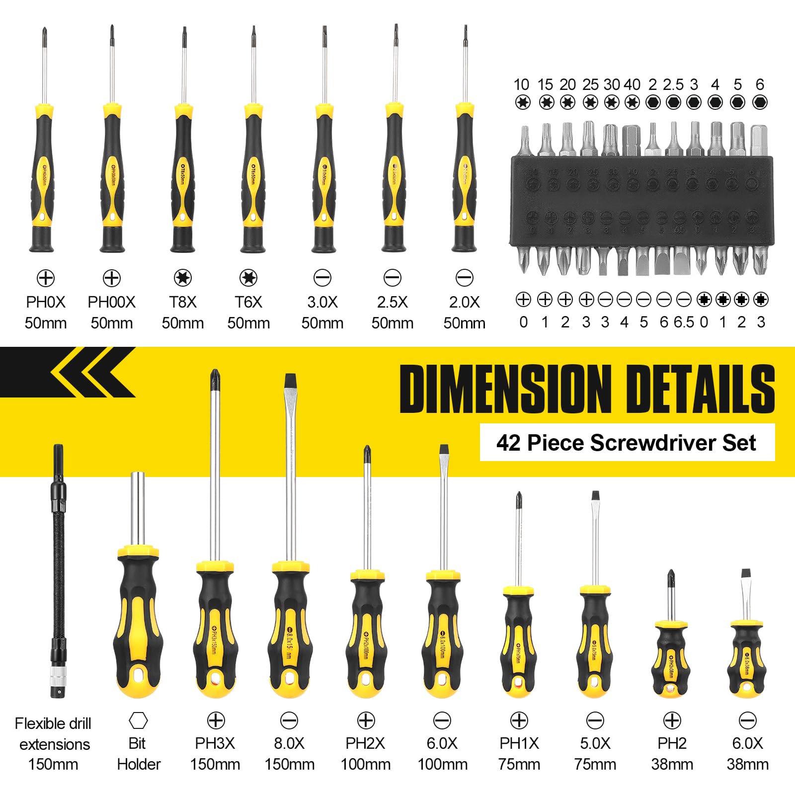 HSEAMALL 42PCS Magnetic Screwdriver Set,Including Slotted, Phillips, Torx, Hex, Square - Image 2