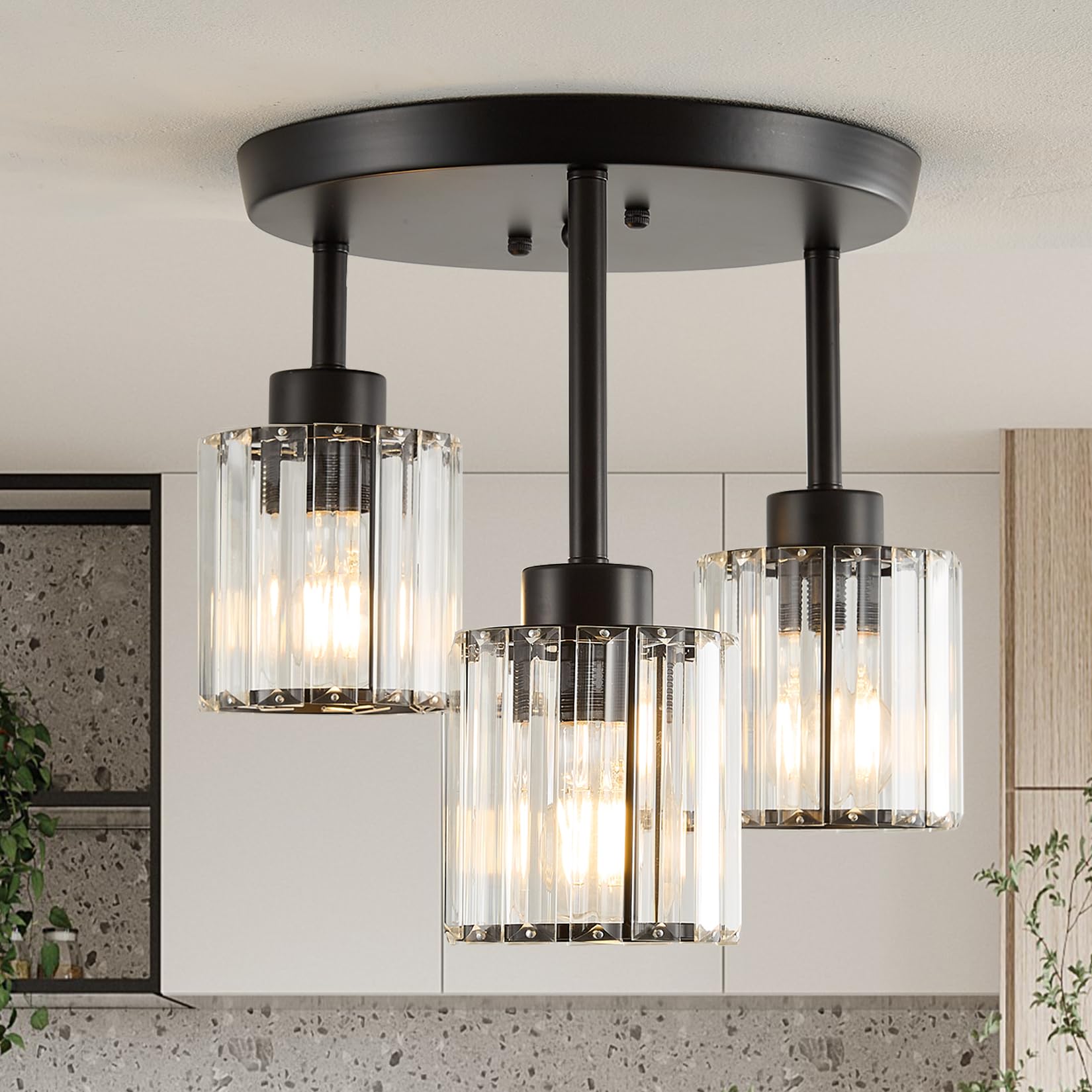 ROCUNSI Black Ceiling Light Fixtures for Kitchen, 3-Light Modern Kitchen Lighting Fixtures with Strip Clear Glass, E27 Base Light Fixtures Ceiling Mount for Bedroom Hallway Dining Room