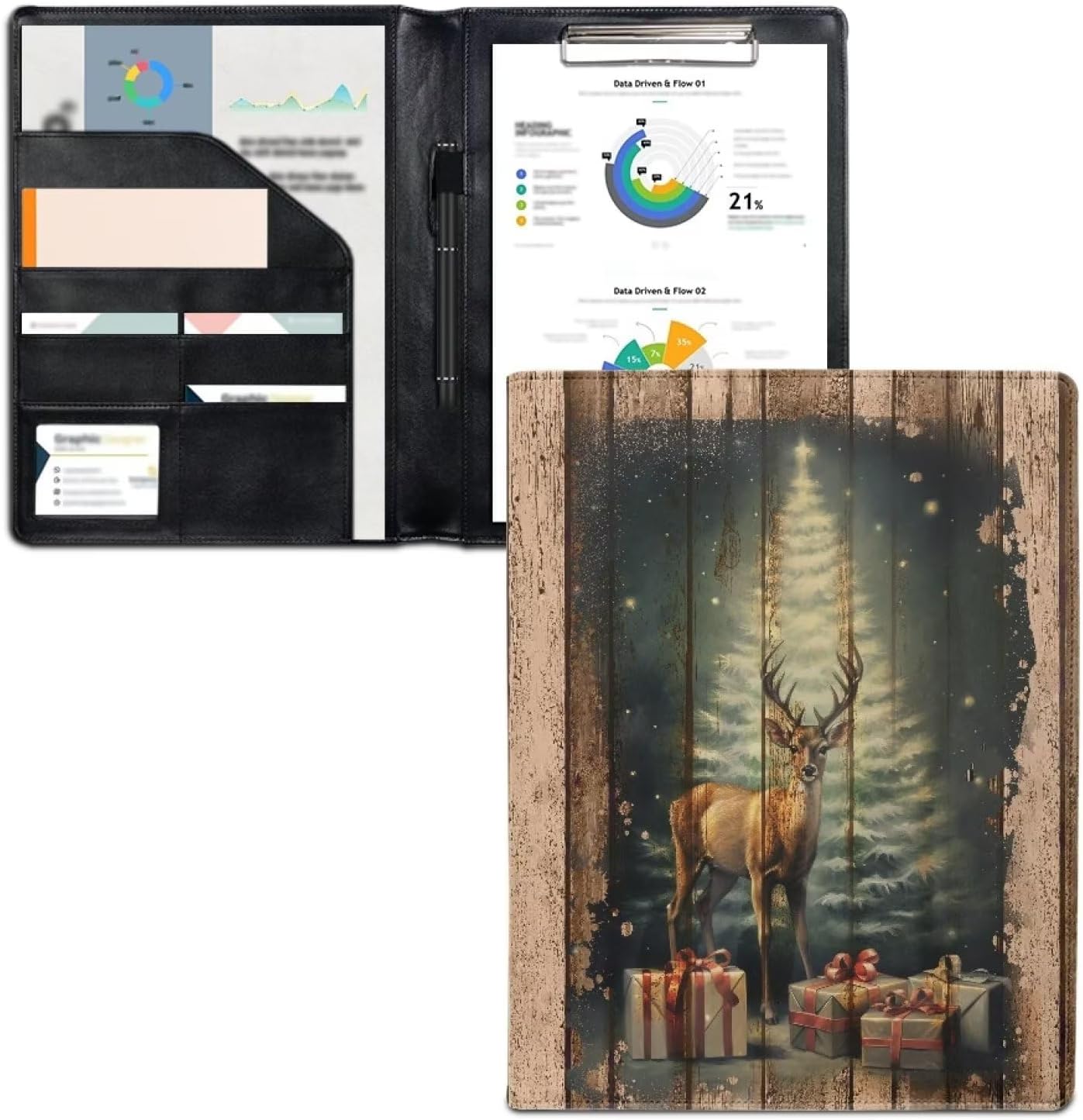 HUIACONG Christmas Padfolio Clipboard Folder Portfolio Reindeer Gifts Leather Storage Clipboard with Cover for Business School Office Conference Notepad Clip Boards