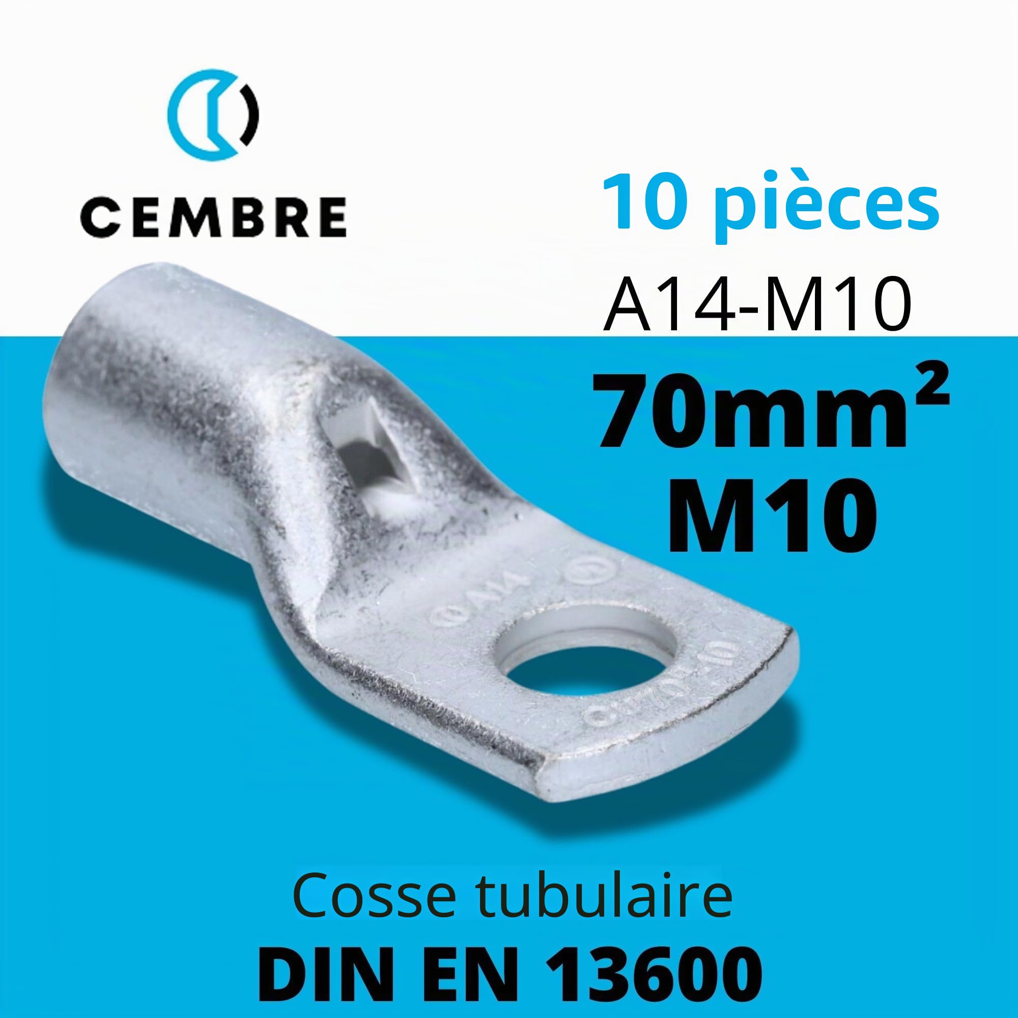 Cembre 10x Cosses Tubulaires A14-M10 70 mm² en Cuivre Étamé | Connecteurs de câbles non isolés pour installations électriques sûres, certifiés EN 13600, pour maison, garage et auto