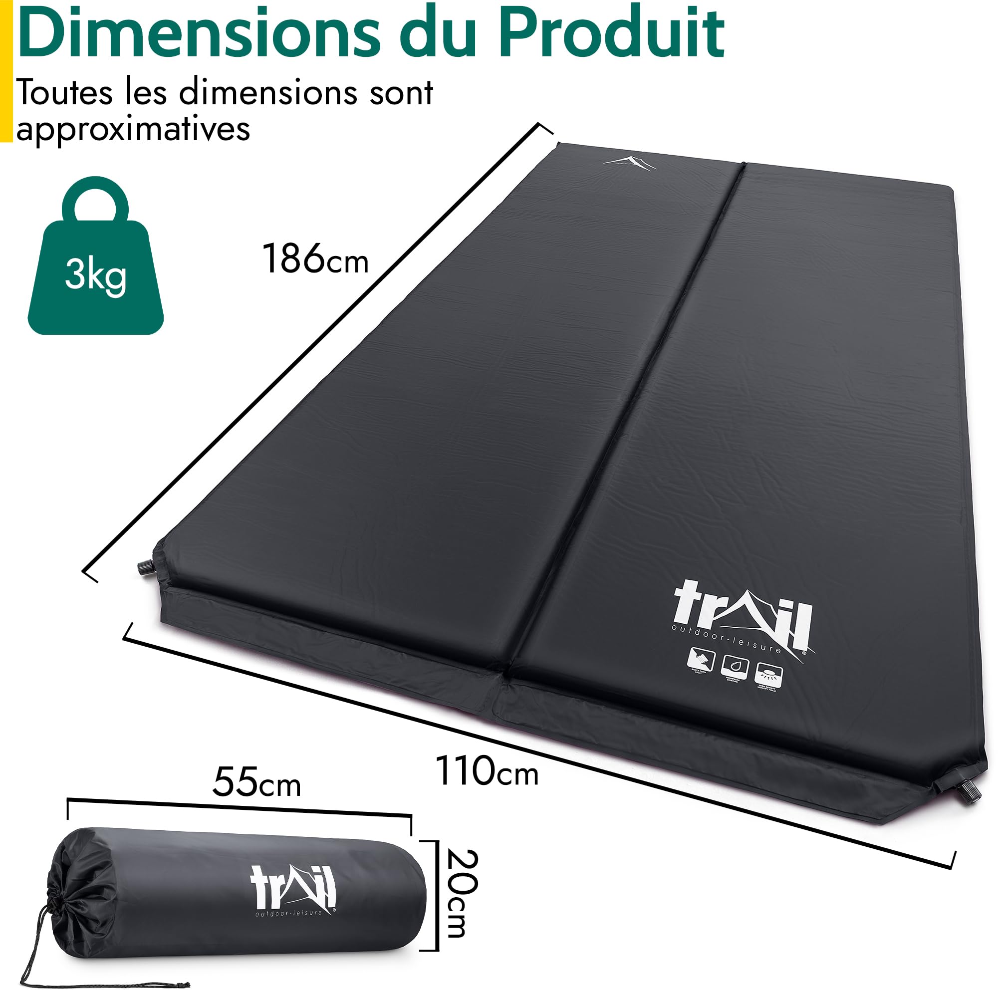 Trail Matelas Gonflable 2 Personnes – Matelas de Camping Autogonflant de 5 cm d’Épaisseur