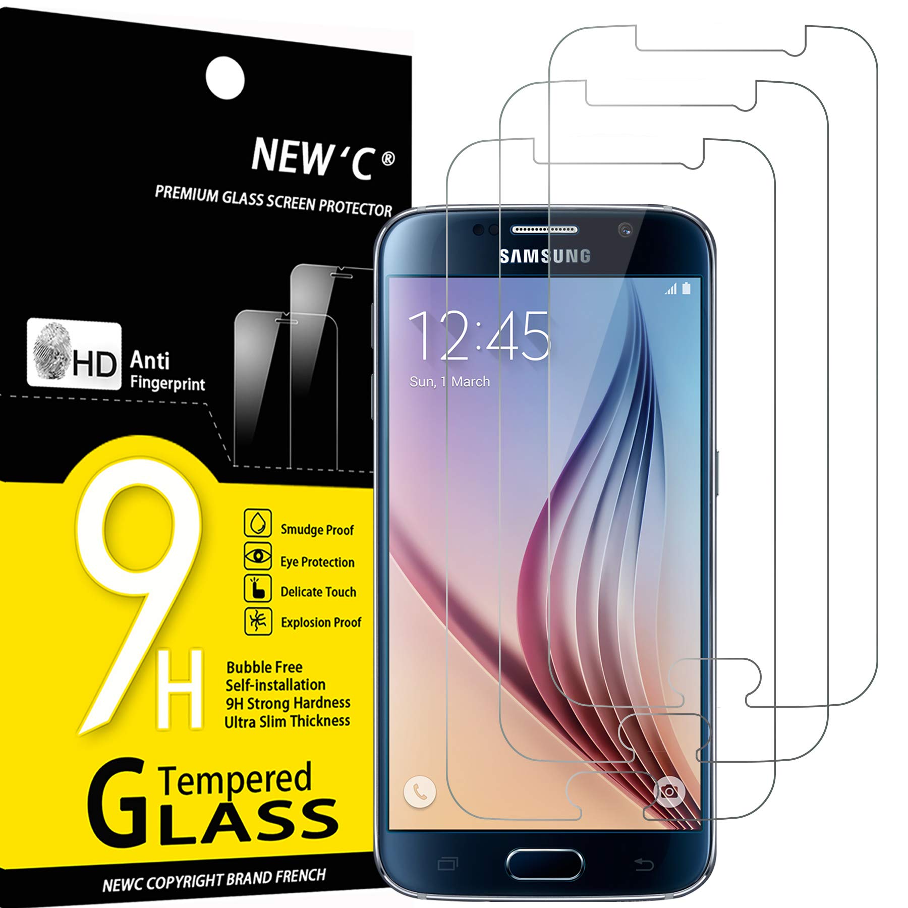 NEW'C Lot de 3, Verre Trempé pour Samsung Galaxy S6, Film Protection écran sans Bulles d'air Ultra Résistant (0,33mm HD Ultra Tr
