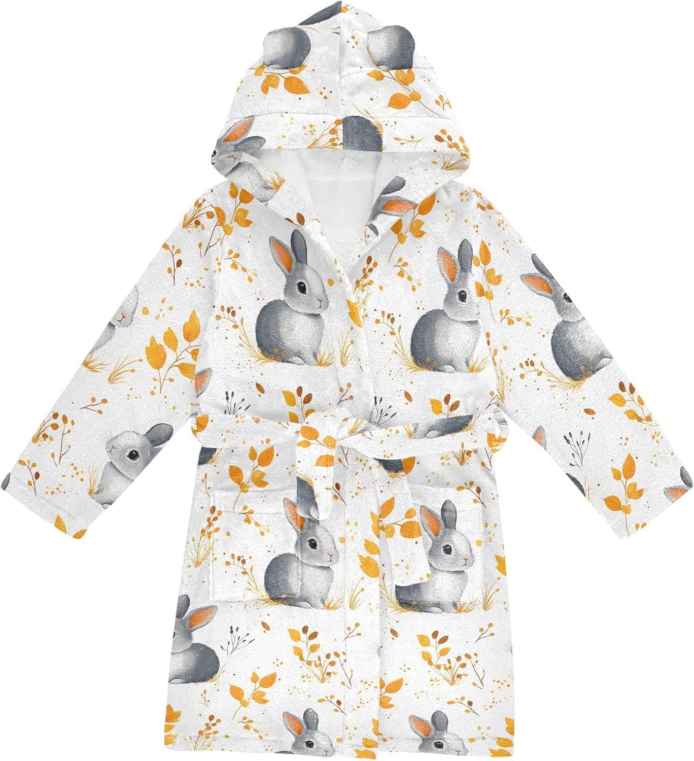senya Grey Rabbit Leaves Toddler Hooded Bathrobe Kids Soft Plush Bath Towel Robes for Boys Girls 2-12 Years