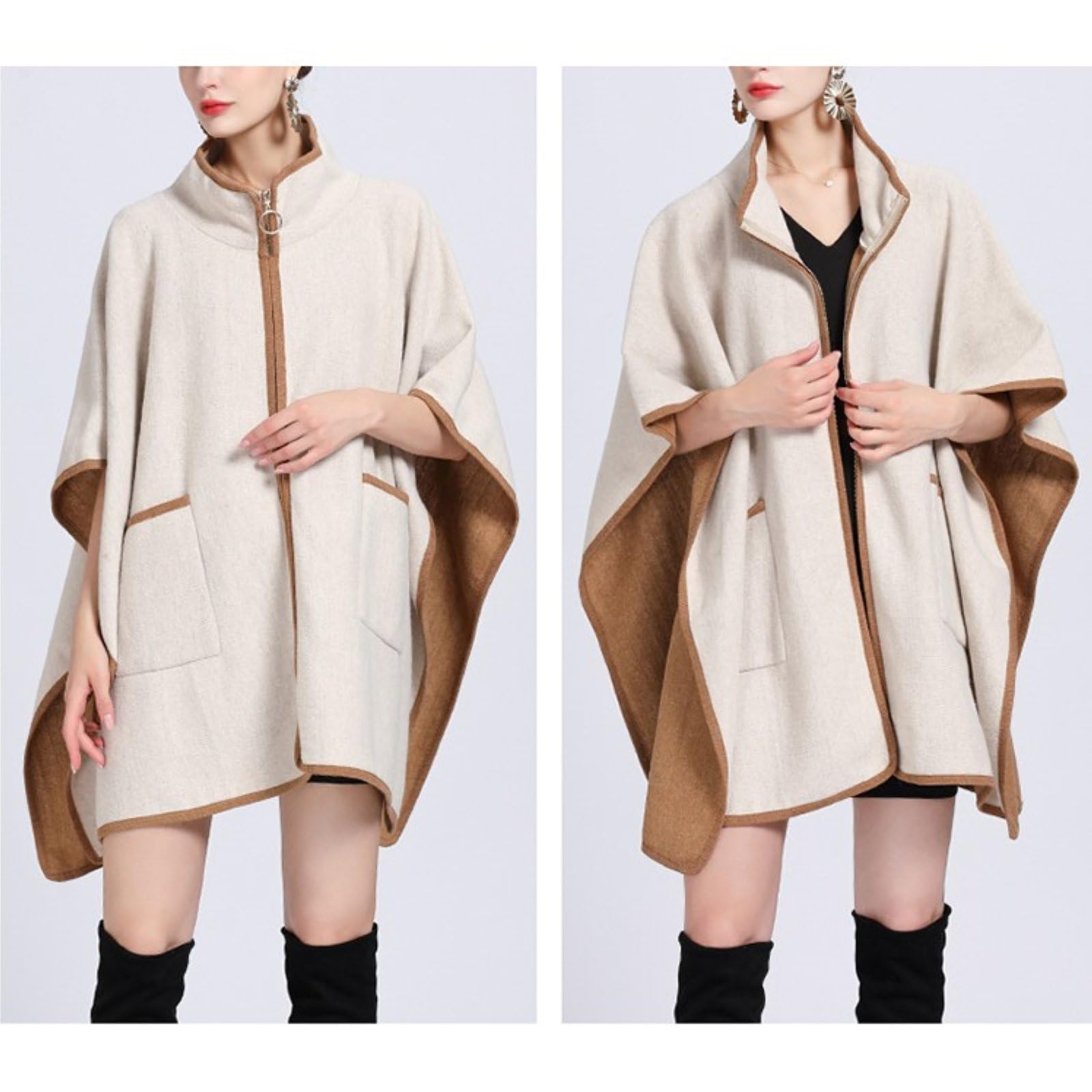 Retro Moda Poncho Cape per Le Donne Color Block Boho Scialle Avvolge Cappotto Stand Collare Aperto Poncho Anteriore