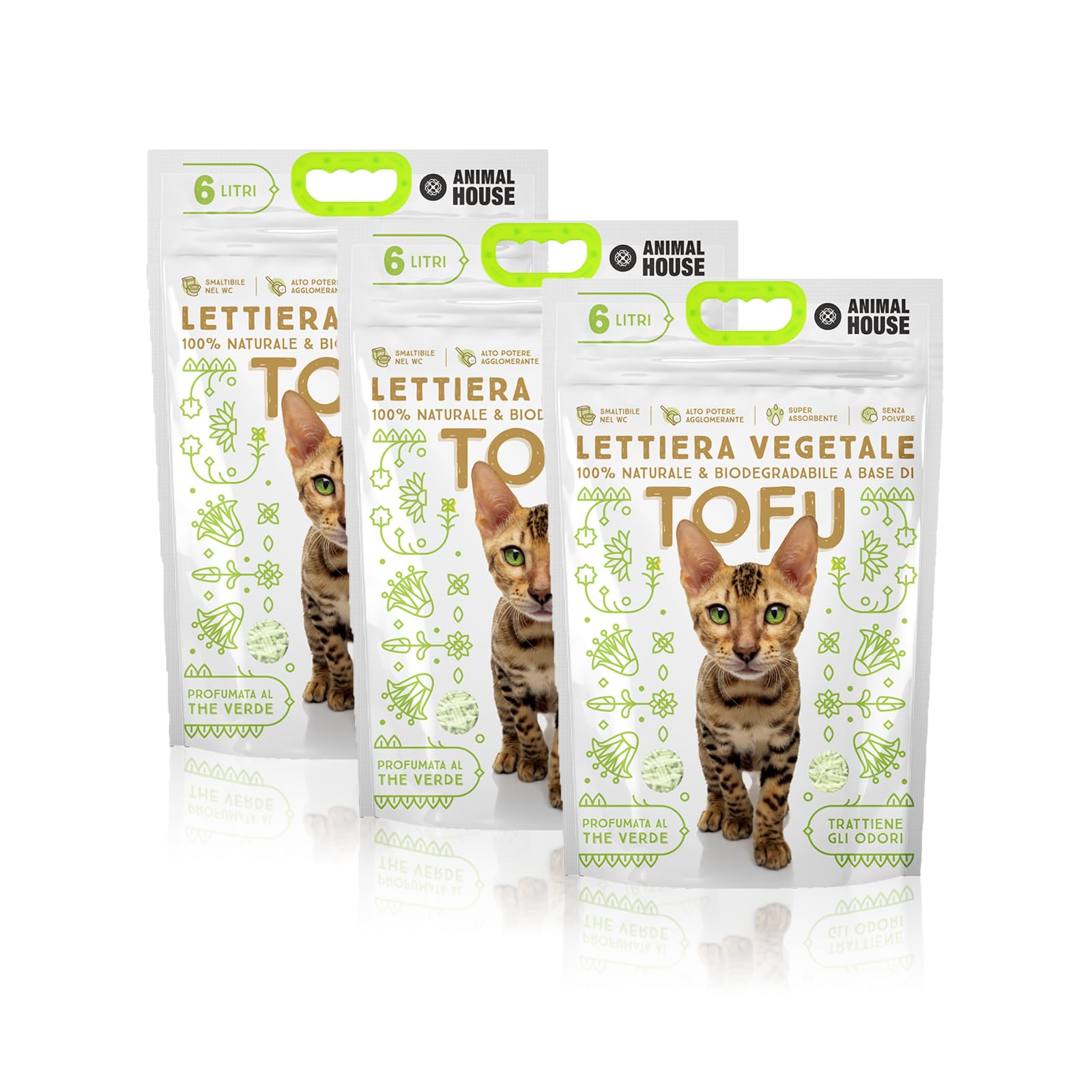 Animal House Naturalna kuweta Tofu, bezpieczna dla ludzi i zwierząt, bez zarysowań, pyłoszczelna, zapachowa zieloną herbatą, zatrzymuje zapachy bez przeszkadzania kotom 2,6 kg (3 koperty)