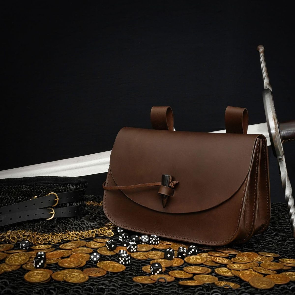 Mythrojan Borsa in pelle medievale extra grande per cintura di ristrutturazione, accessorio Larp