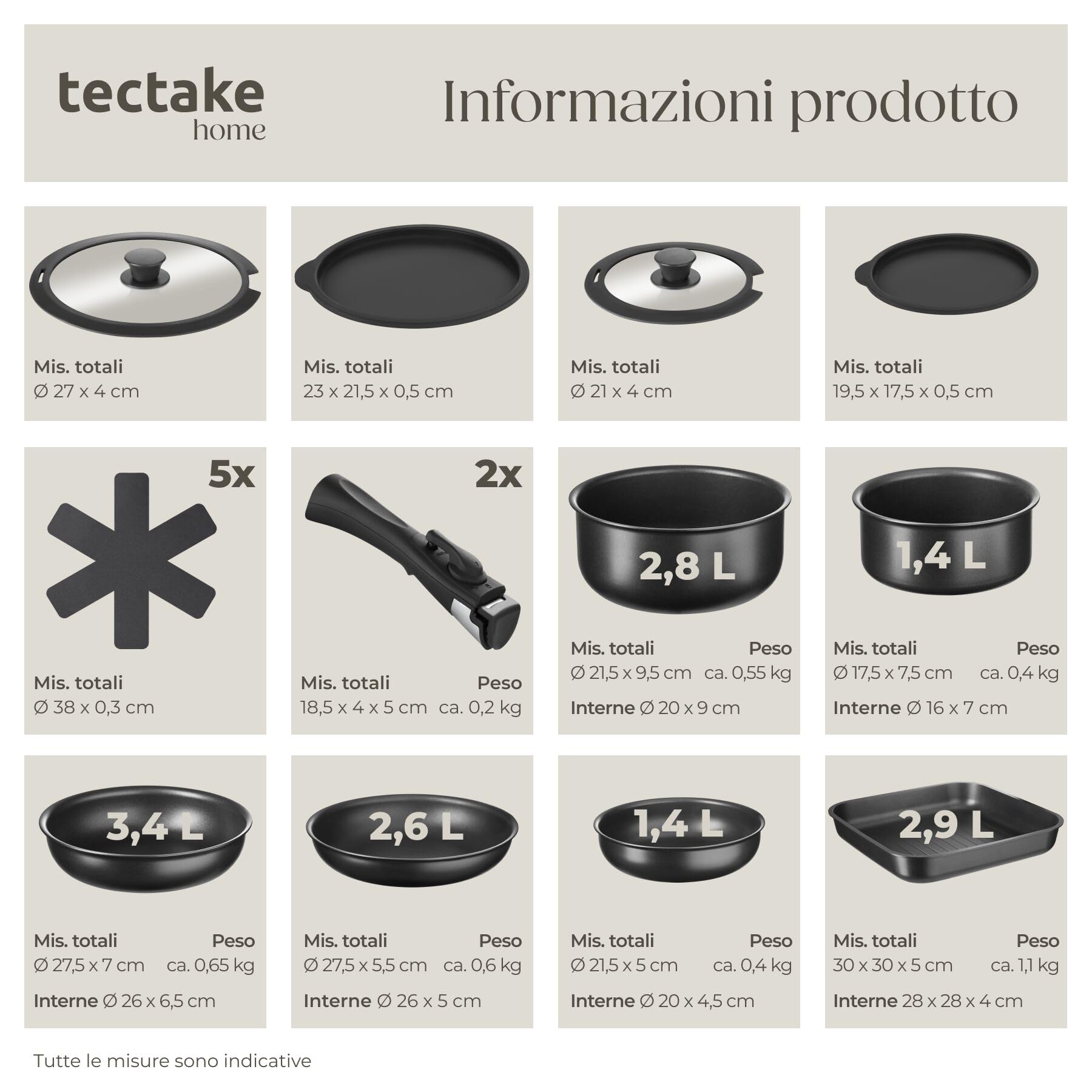 tectake® Set cucina x 6 persone 41 pezzi, stoviglie e pentole, 24 pcs tra piatti e ciotole, x microonde e lavastoviglie, 17 pcs tra padelle, grill, coperchi pentole manici removibili - Nero/Tortora