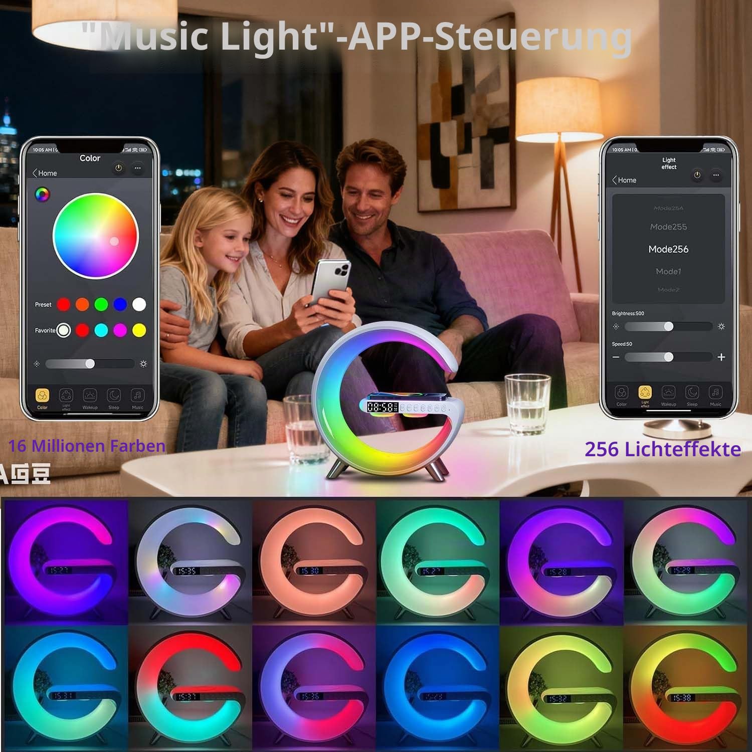 Kabelloses Ladegerät Atmosphäre Lampe, Mini Wireless Lautsprecher Lampe mit Wecker, Bluetooth Lautsprecher mit Atmosphäre Licht, Nachttischlampe Geschenke für Wohnkultur, Schlafzimmer (9-Tasten-mit