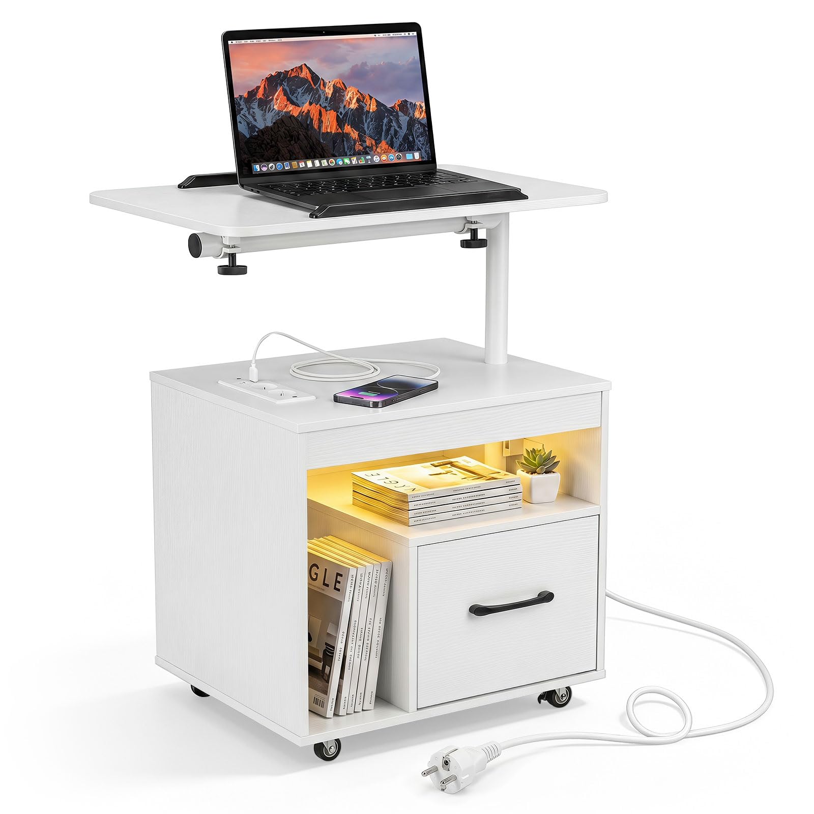COSTWAY Comodino Camera da Letto con Piano Ribaltabile Girevole (Bianco,1) | con 4 Ruote, Luci LED, Cassetto e Stazione di Ricarica, Comodino Salvaspazio in Legno per Soggiorno, 60 x 40 x 74 cm