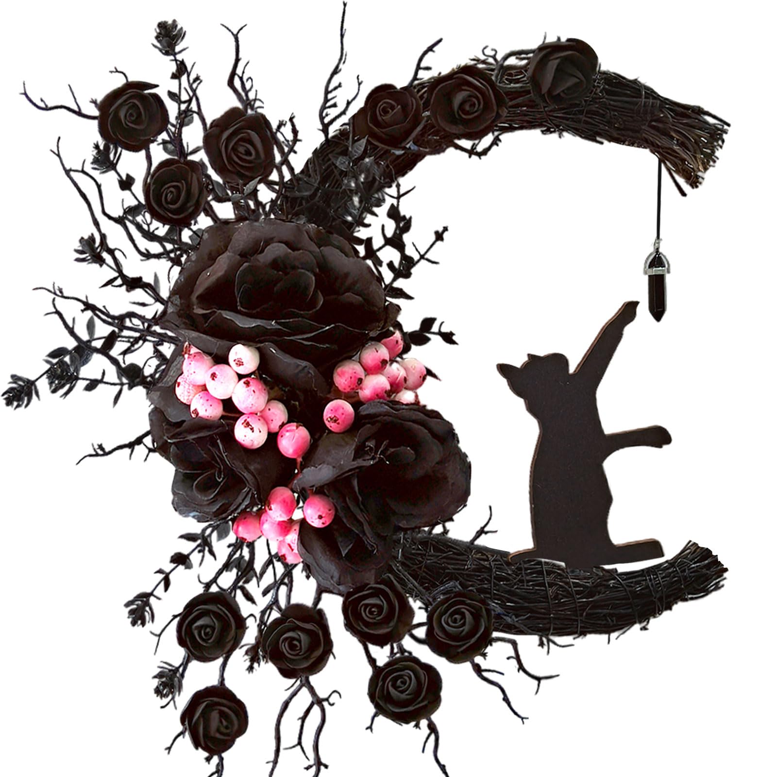 Spooky Halloween Wreath - 2025 Upgrade Black Cat Moon Door Decor with Lights for Indoor Outdoor Party Wall, Unique Crescent Moon Wreath Design, Perfect Halloween Decorations for Front Door (Black)