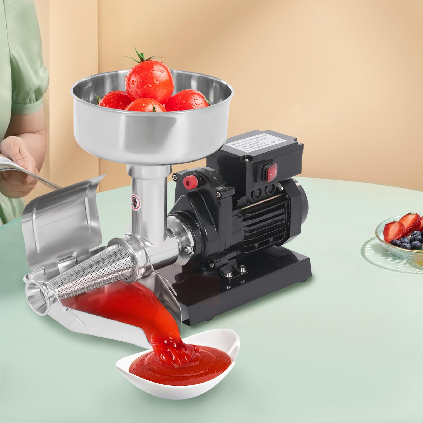 Elektrische Tomatenpresse 450W Edelstahl, Passiermaschine Für Tomatensauce, Erdbeersauce, Blaubeersauce, Leistungsstarke Tomatenpresse, Schwarz Silber