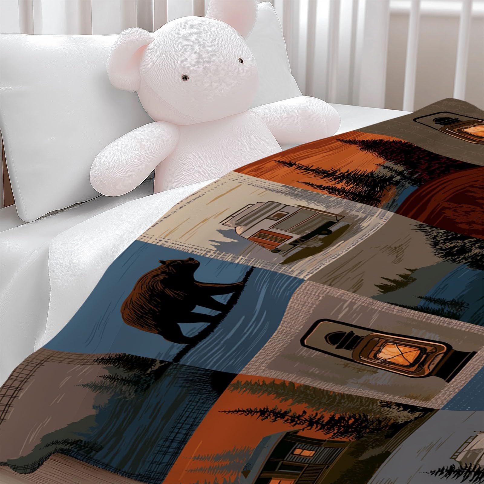 Flanelowy koc polarowy z motywem krajobrazu na zewnątrz, narzuta na sofę, wygodna narzuta na łóżko 2-osobowy koc w kratę zimowy, 220 x 240 cm wielokolorowy